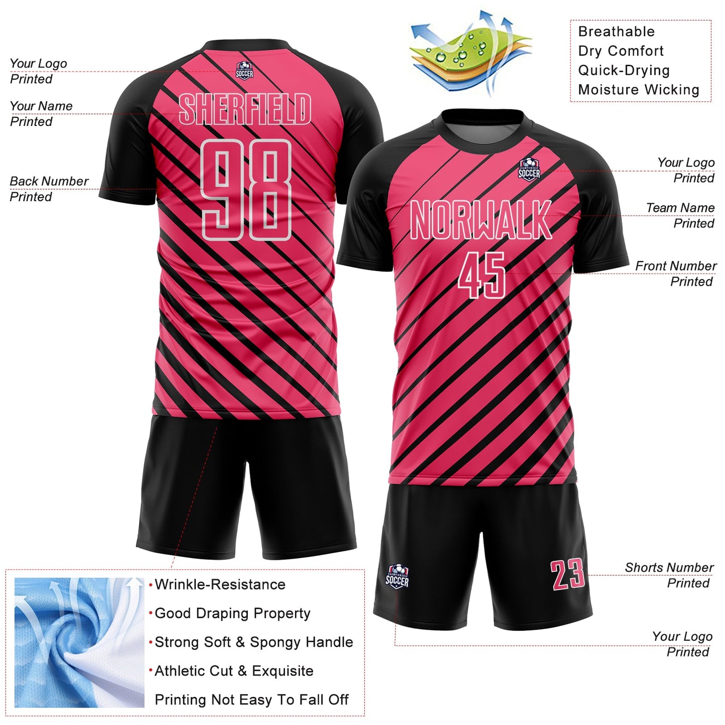 Custom Black Neon Pink-White Lines Sublimation Soccer Uniform Jersey view 4