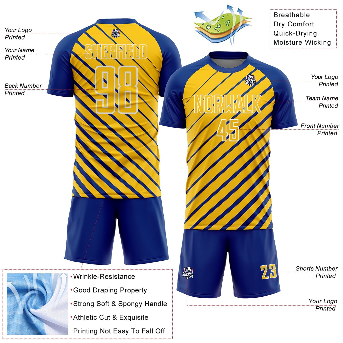 Custom Royal Yellow-White Lines Sublimation Soccer Uniform Jersey view 4