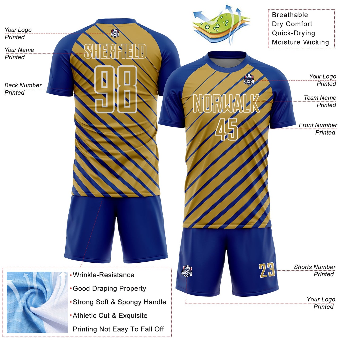 Custom Royal Old Gold-White Lines Sublimation Soccer Uniform Jersey view 4