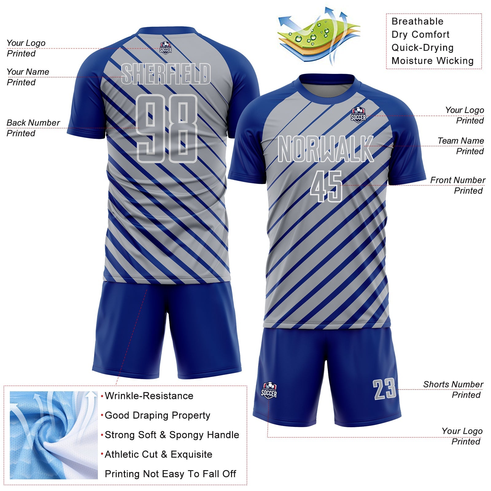 Custom Royal Gray-White Lines Sublimation Soccer Uniform Jersey view 4