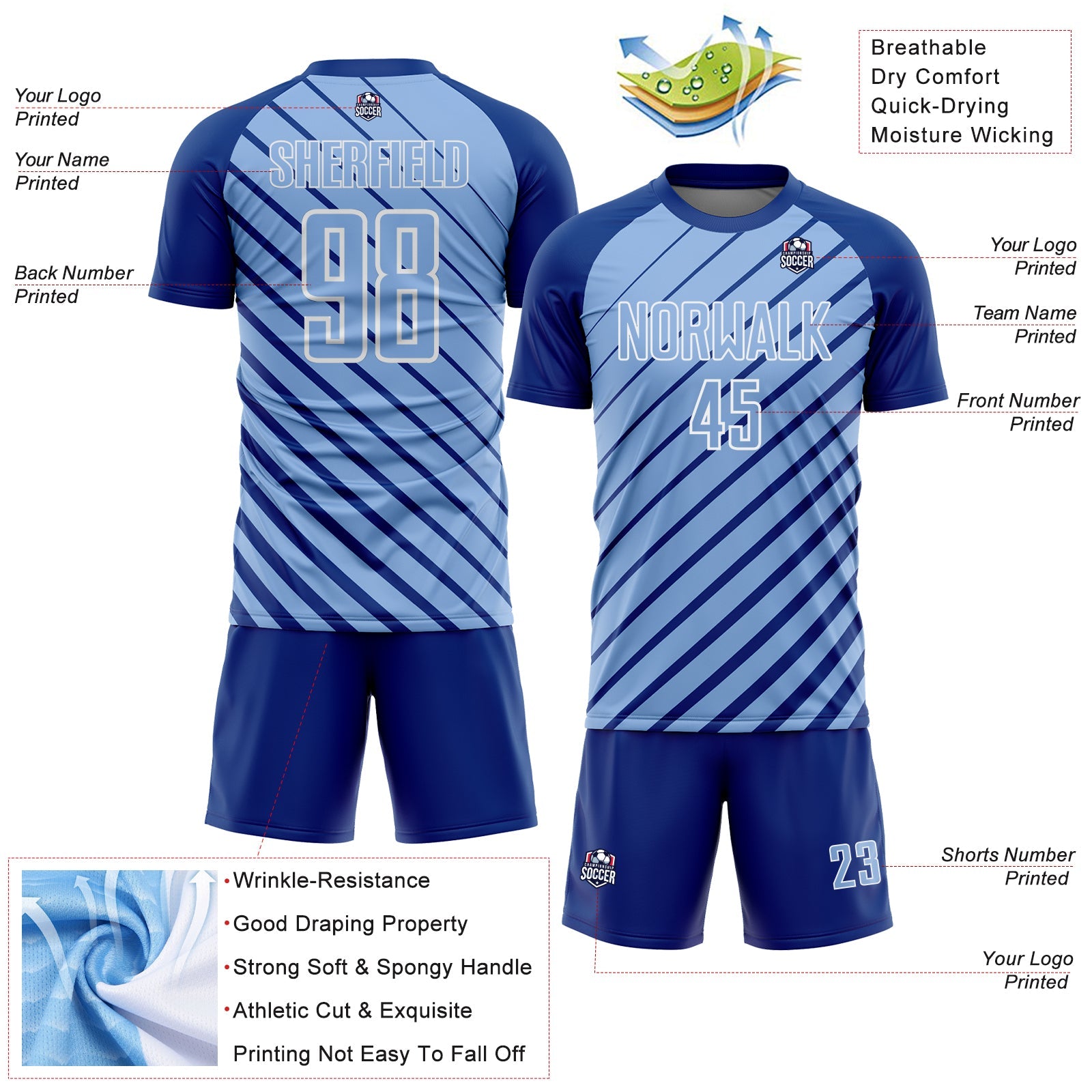 Custom Royal Light Blue-White Lines Sublimation Soccer Uniform Jersey view 4