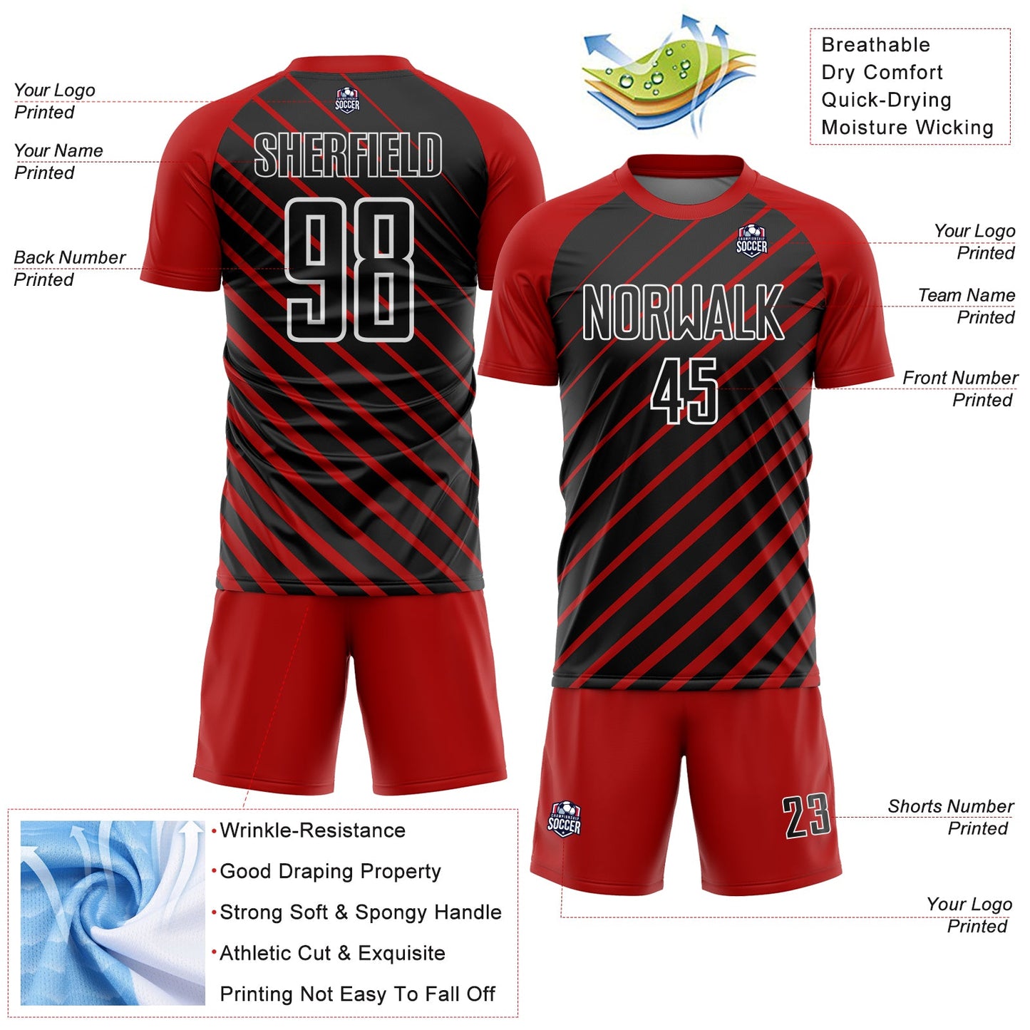 Custom Red Black-White Lines Sublimation Soccer Uniform Jersey view 4