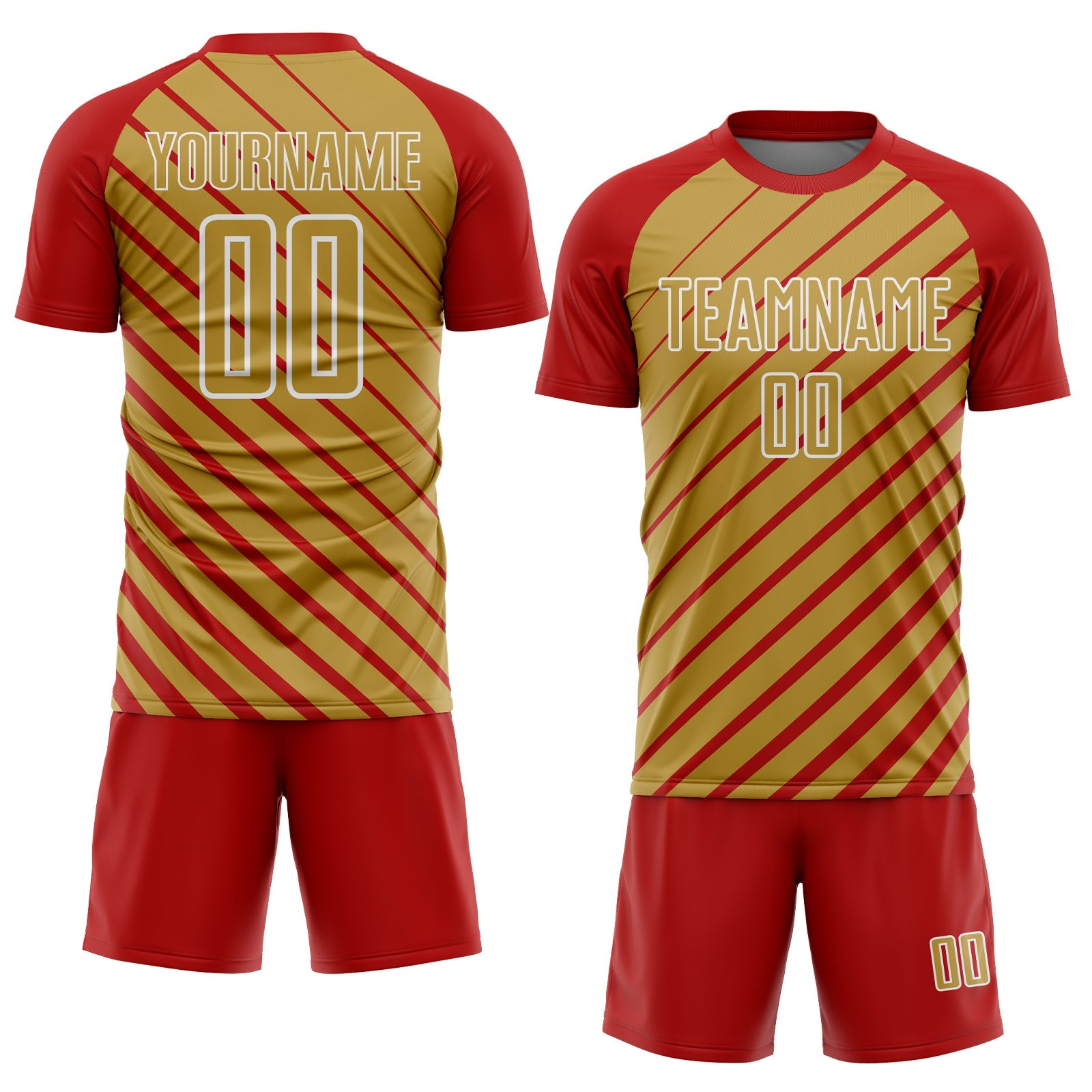 Custom Red Old Gold-White Lines Sublimation Soccer Uniform Jersey view 2