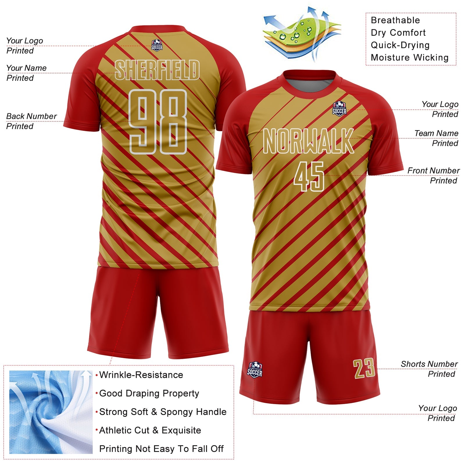 Custom Red Old Gold-White Lines Sublimation Soccer Uniform Jersey view 4