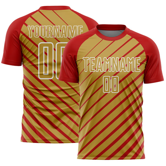 Custom Red Old Gold-White Lines Sublimation Soccer Uniform Jersey - Main View