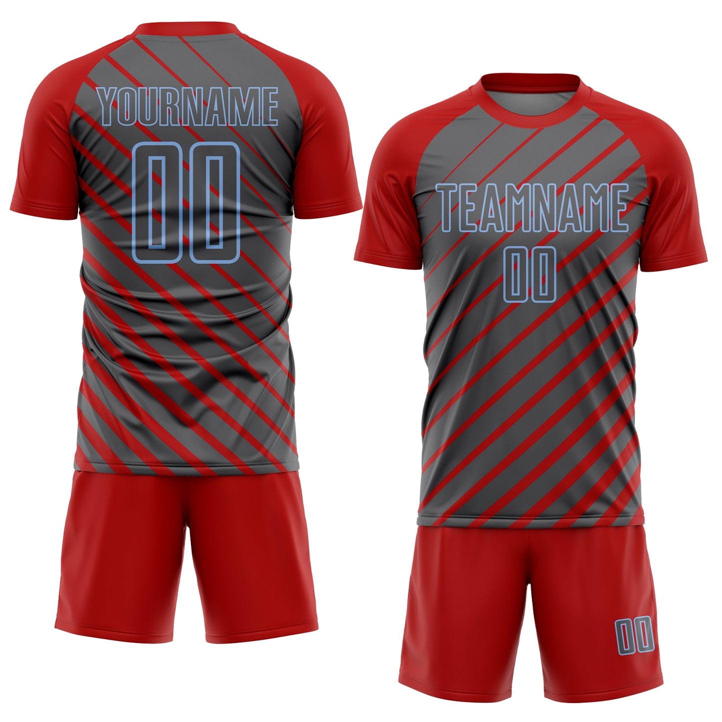 Custom Red Steel Gray-Light Blue Lines Sublimation Soccer Uniform Jersey view 2