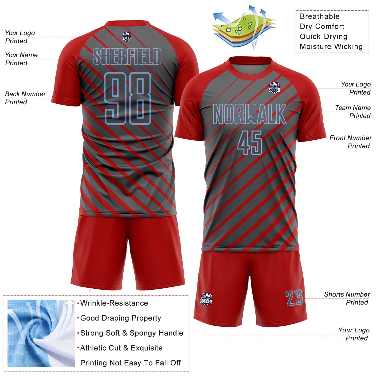 Custom Red Steel Gray-Light Blue Lines Sublimation Soccer Uniform Jersey view 4
