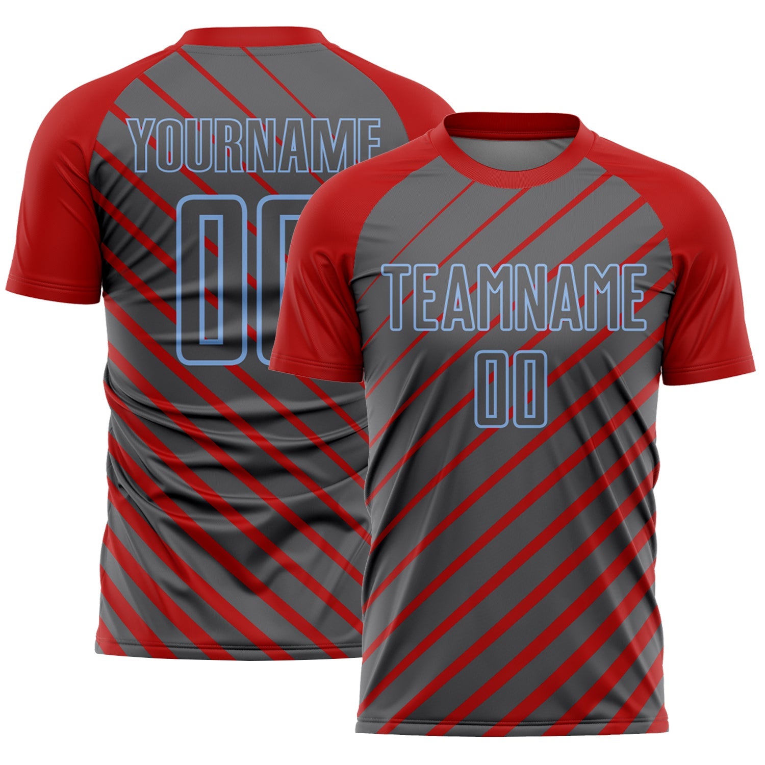 Custom Red Steel Gray-Light Blue Lines Sublimation Soccer Uniform Jersey - Main View