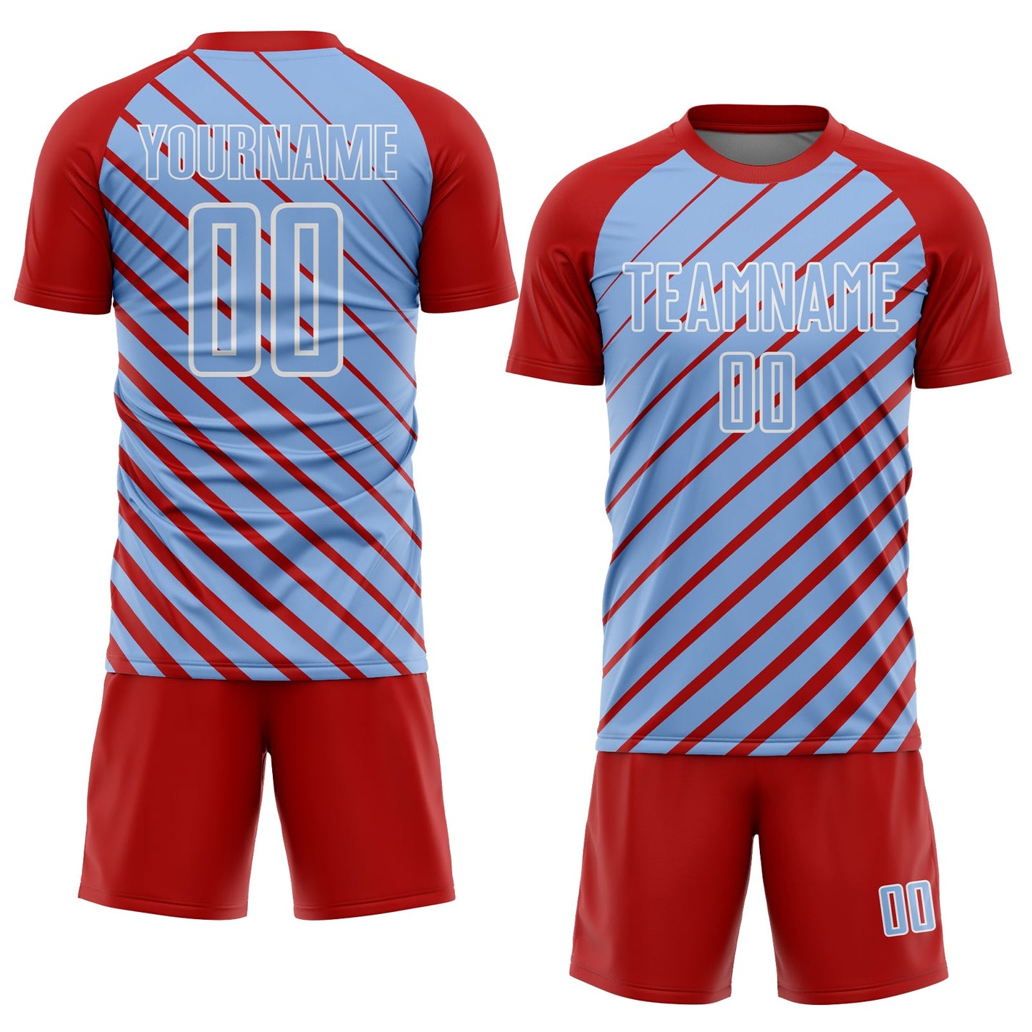 Custom Red Light Blue-White Lines Sublimation Soccer Uniform Jersey view 2