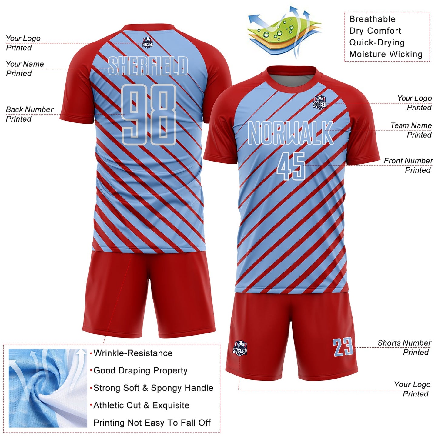 Custom Red Light Blue-White Lines Sublimation Soccer Uniform Jersey view 4