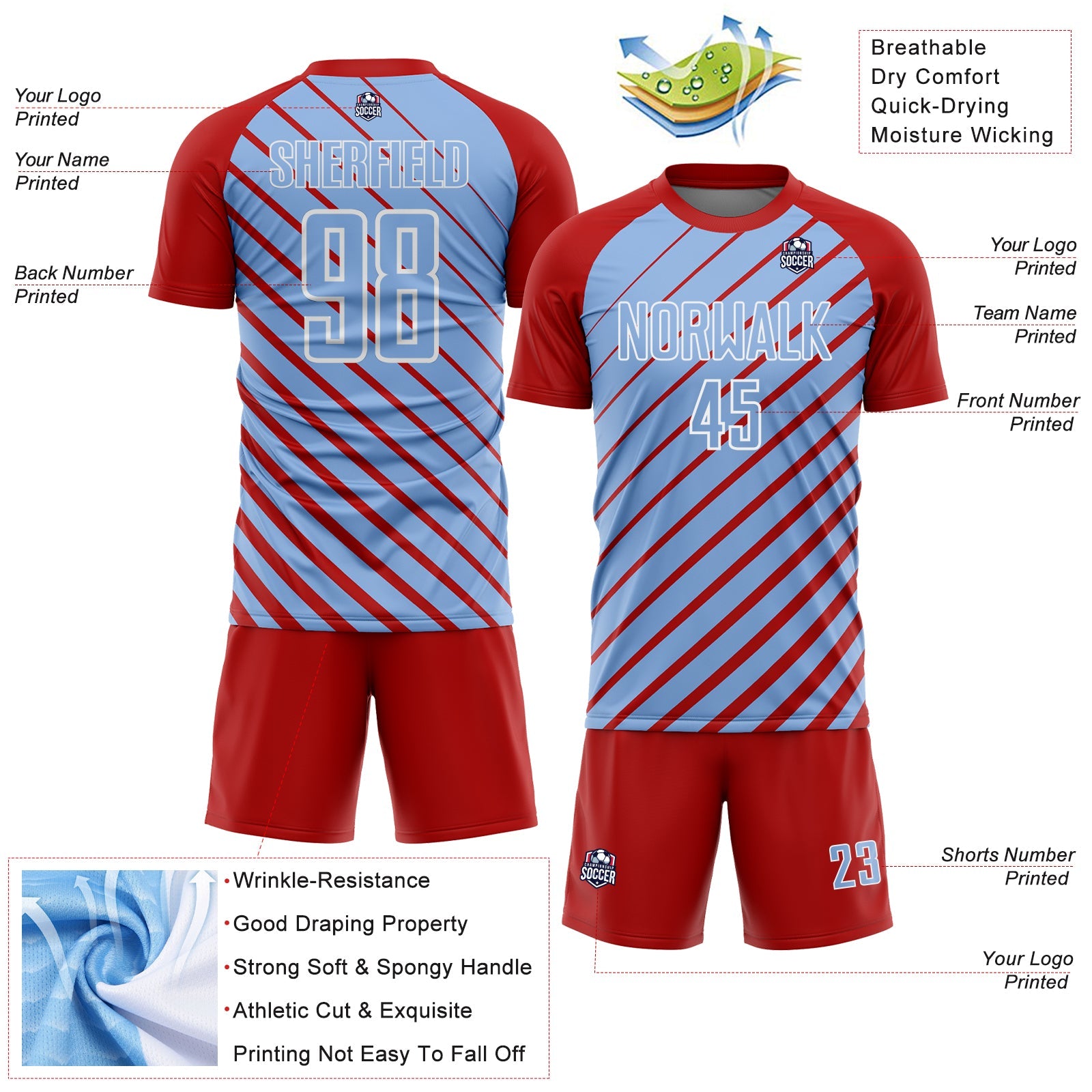 Custom Red Light Blue-White Lines Sublimation Soccer Uniform Jersey view 4