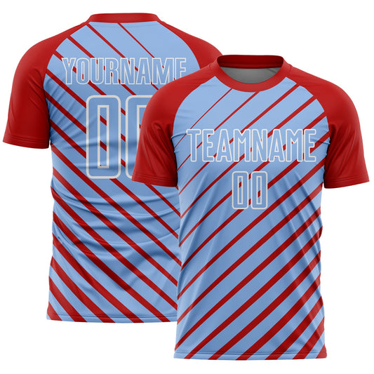 Custom Red Light Blue-White Lines Sublimation Soccer Uniform Jersey - Main View