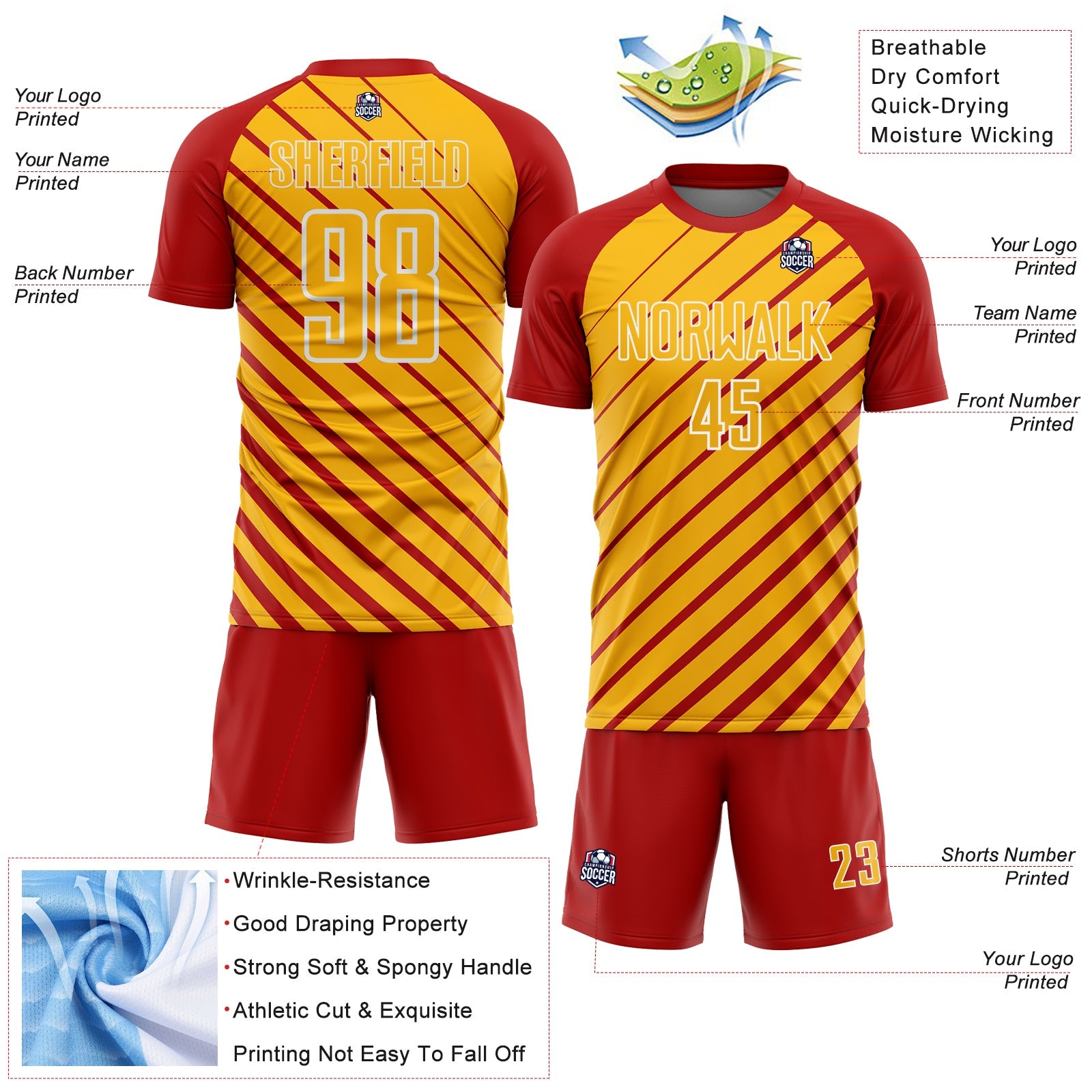 Custom Red Gold-White Lines Sublimation Soccer Uniform Jersey view 4