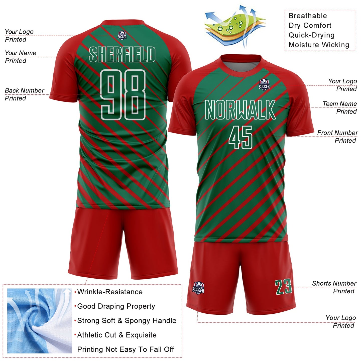 Custom Red Kelly Green-White Lines Sublimation Soccer Uniform Jersey view 4