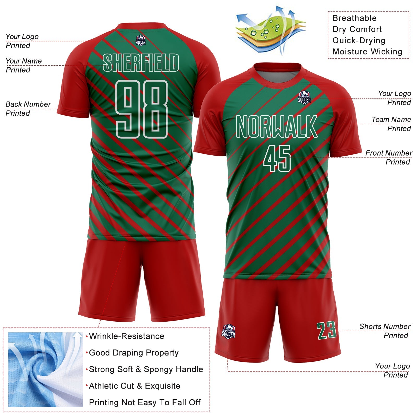 Custom Red Kelly Green-White Lines Sublimation Soccer Uniform Jersey view 4