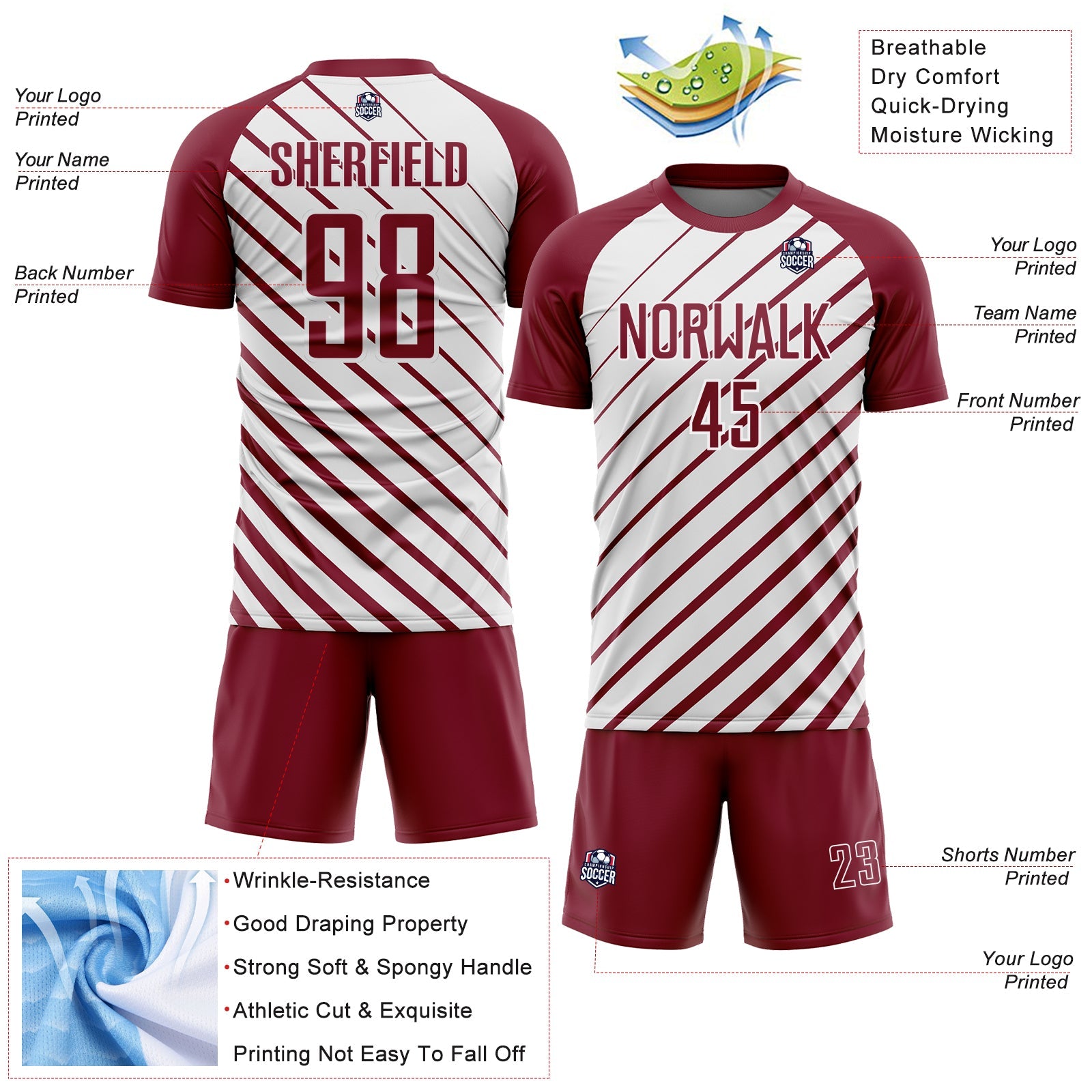 Custom Crimson White Lines Sublimation Soccer Uniform Jersey view 4