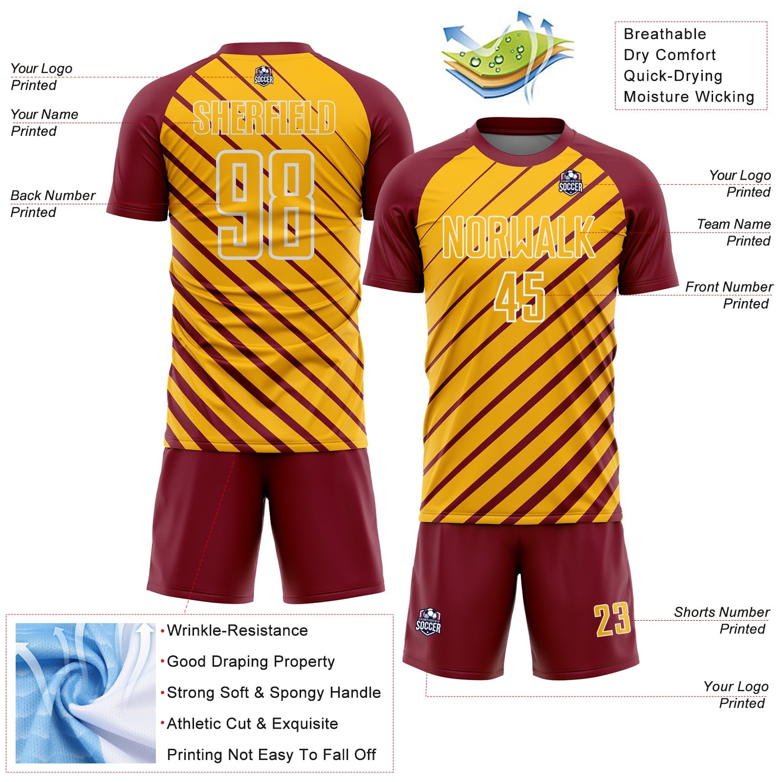 Custom Crimson Gold-White Lines Sublimation Soccer Uniform Jersey view 4