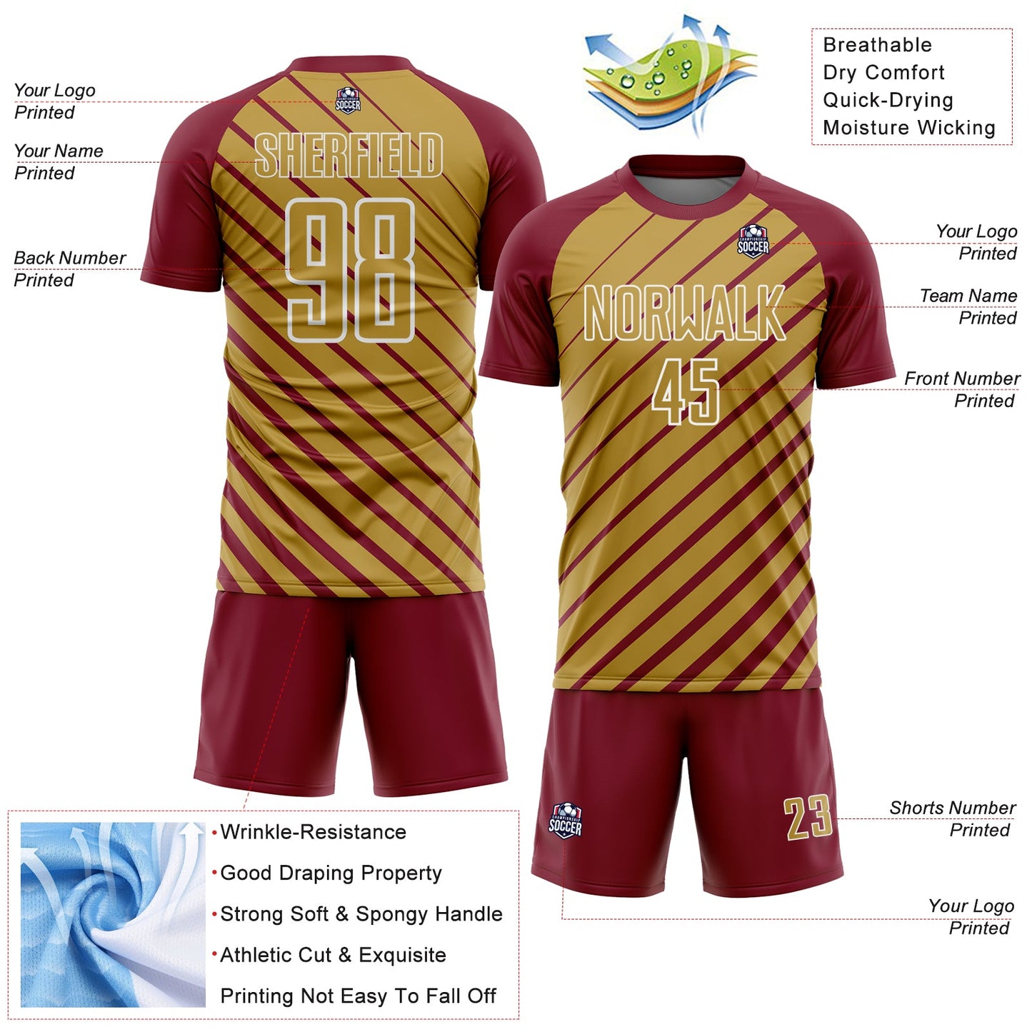 Custom Crimson Old Gold-White Lines Sublimation Soccer Uniform Jersey view 4