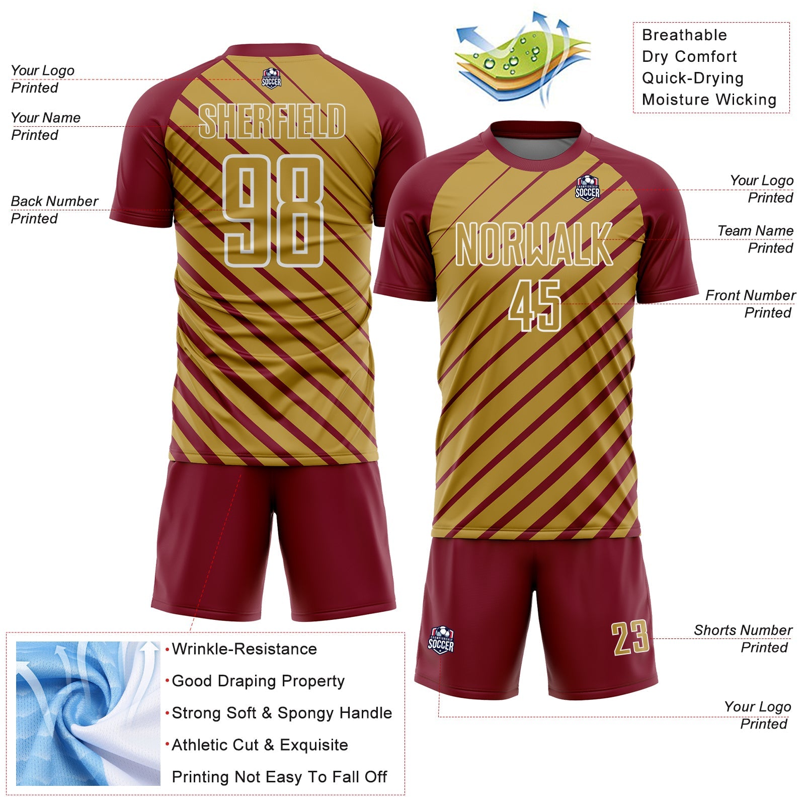 Custom Crimson Old Gold-White Lines Sublimation Soccer Uniform Jersey view 4