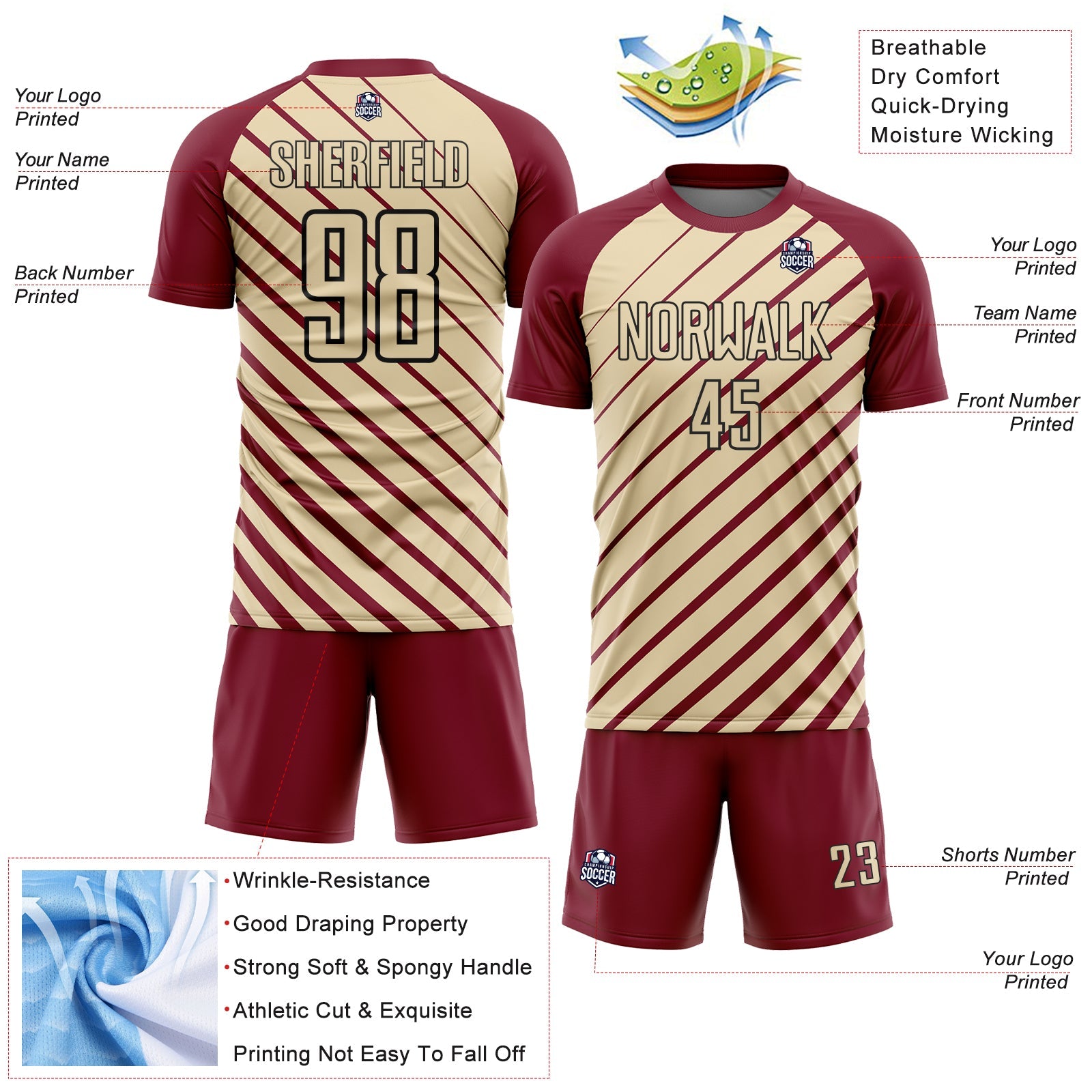 Custom Crimson Cream-Black Lines Sublimation Soccer Uniform Jersey view 4