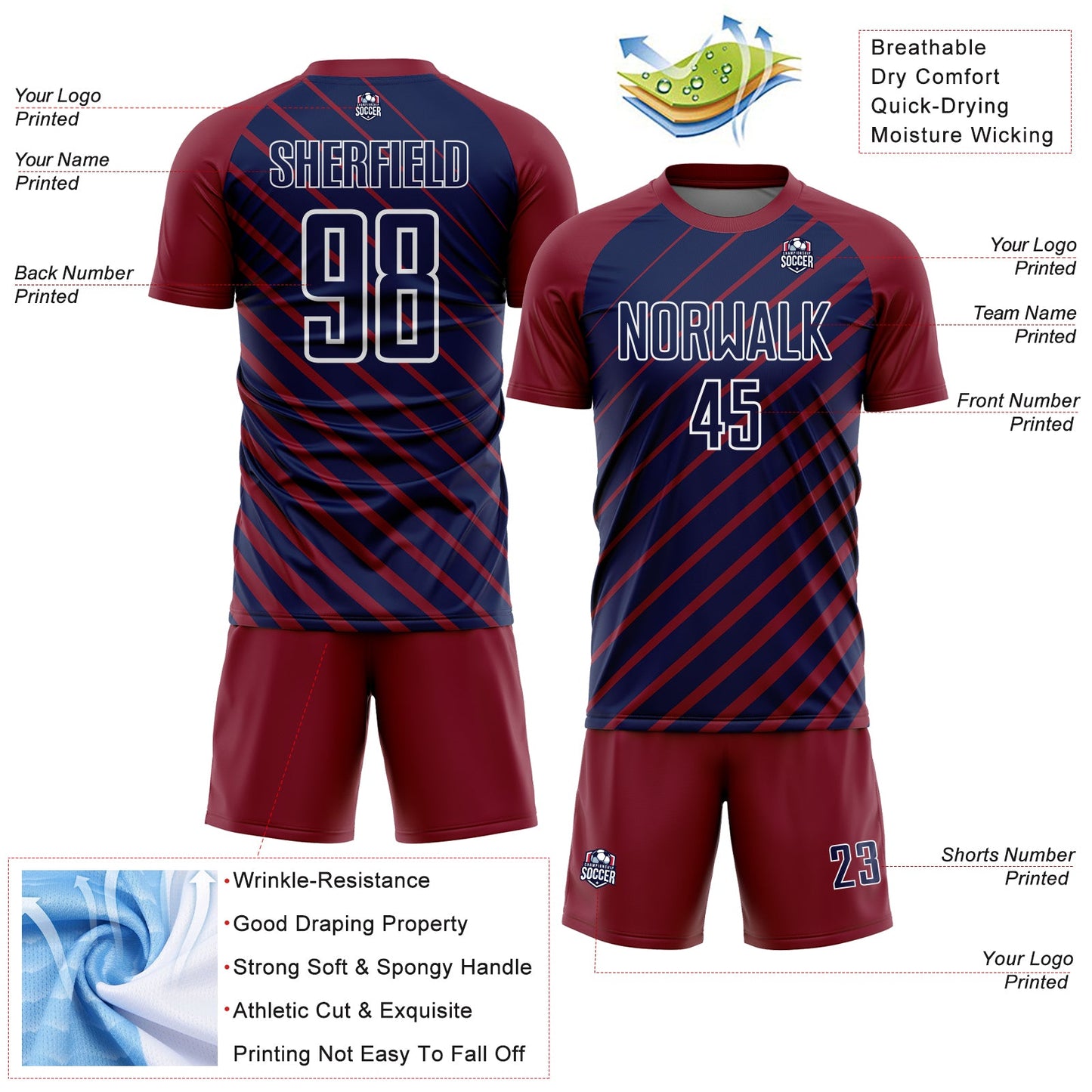 Custom Crimson Navy-White Lines Sublimation Soccer Uniform Jersey view 4