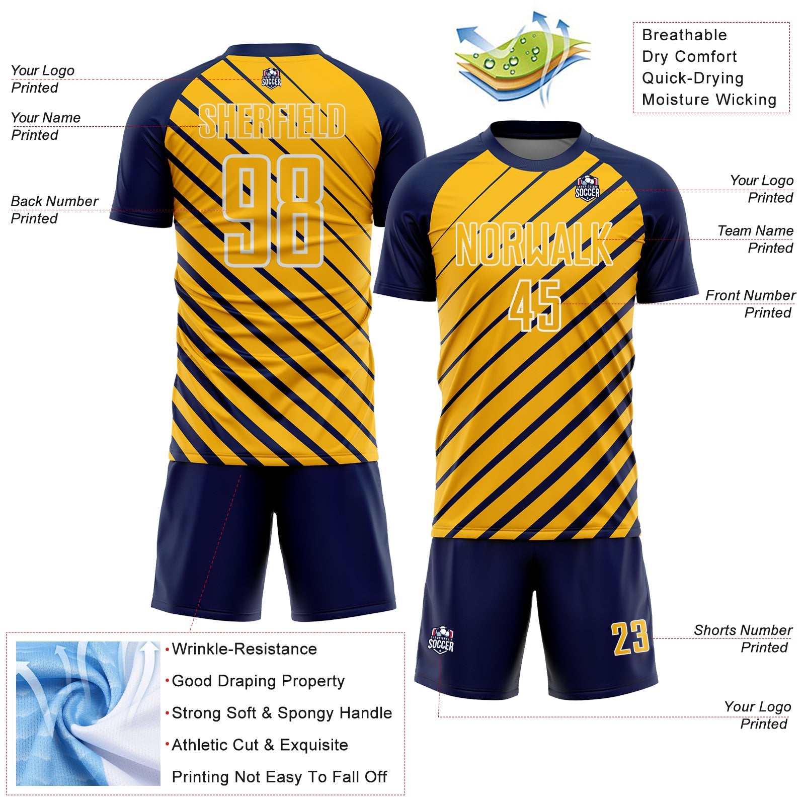 Custom Navy Gold-White Lines Sublimation Soccer Uniform Jersey view 4