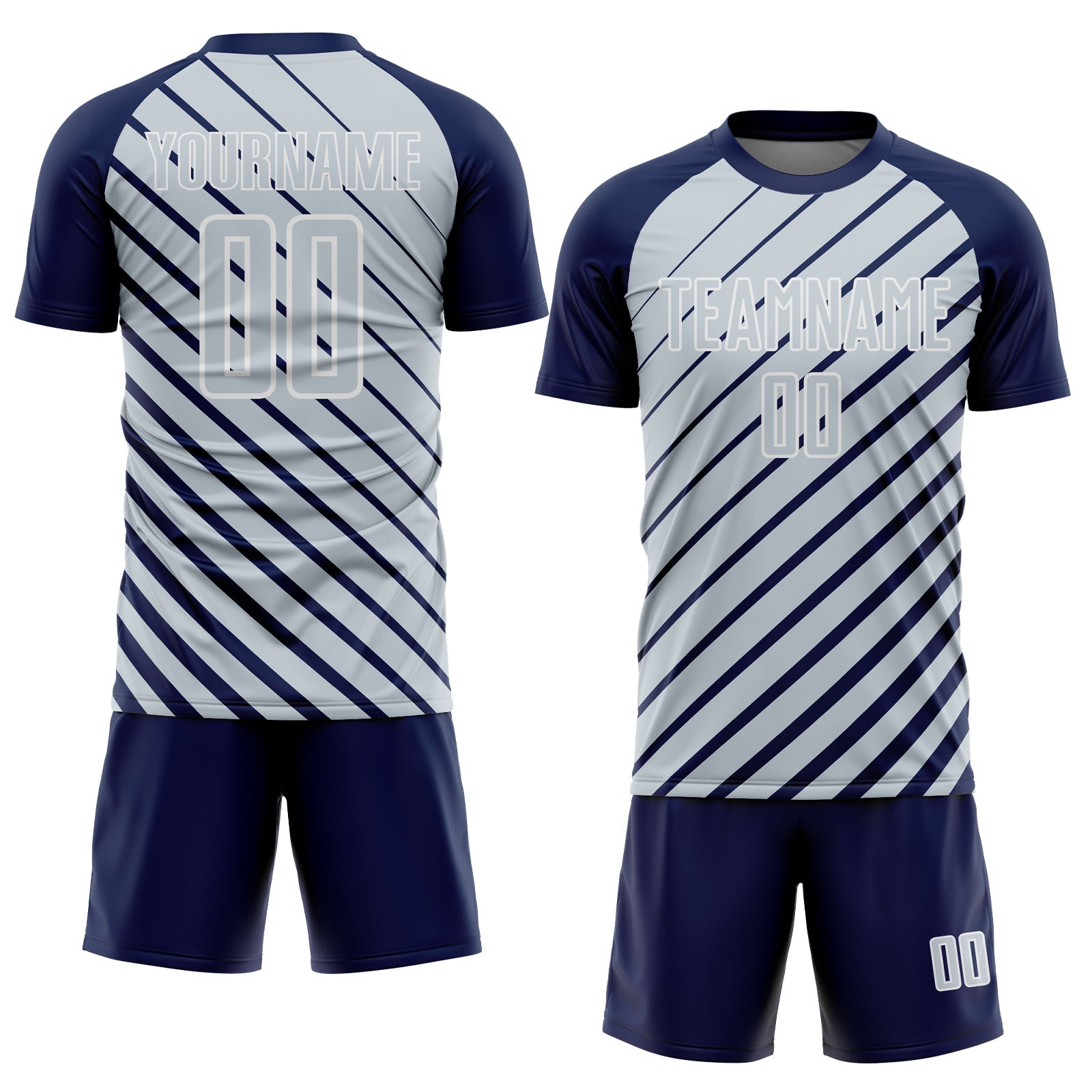 Custom Navy Silver-White Lines Sublimation Soccer Uniform Jersey view 2