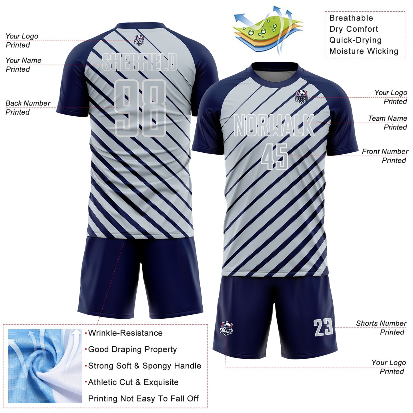 Custom Navy Silver-White Lines Sublimation Soccer Uniform Jersey view 4