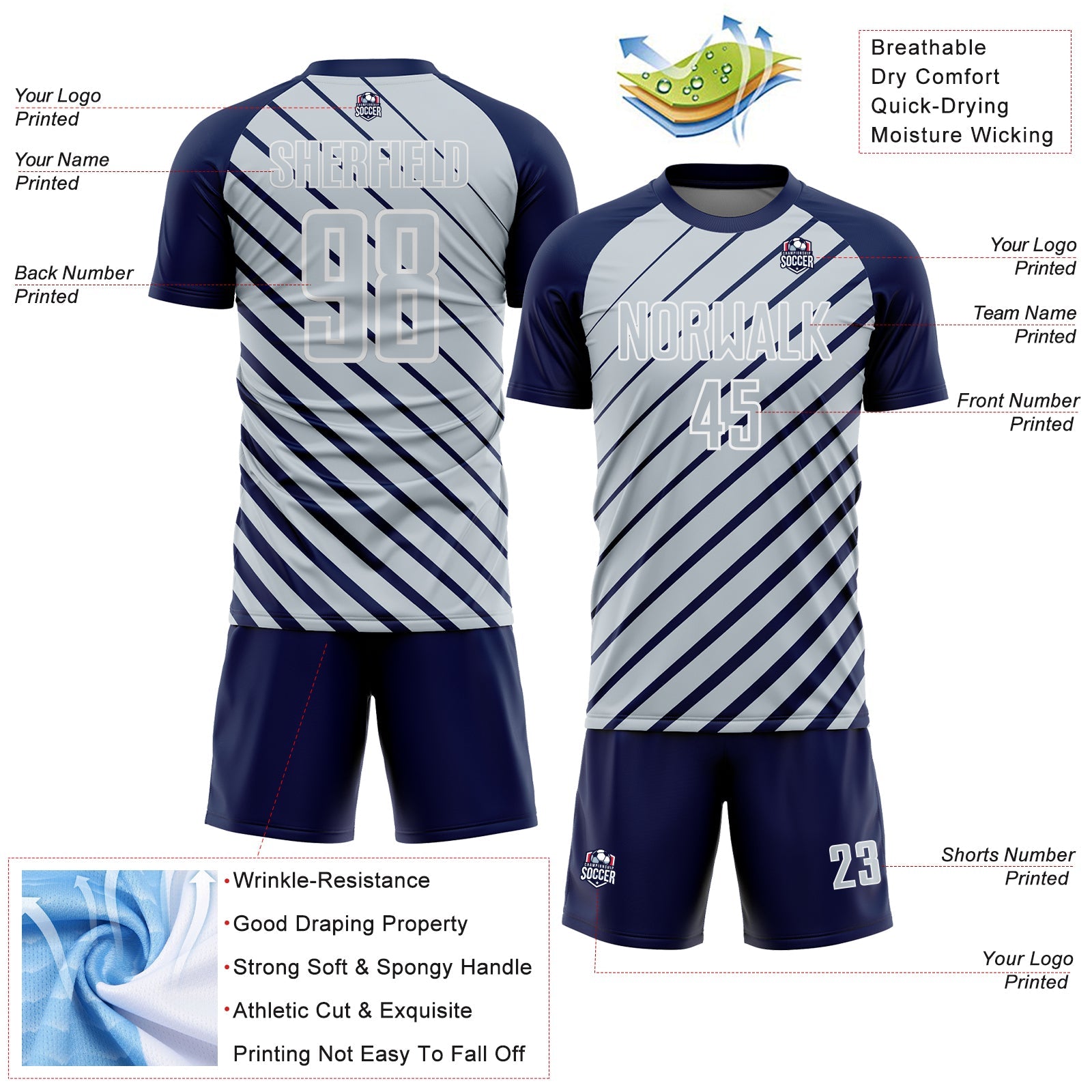 Custom Navy Silver-White Lines Sublimation Soccer Uniform Jersey view 4