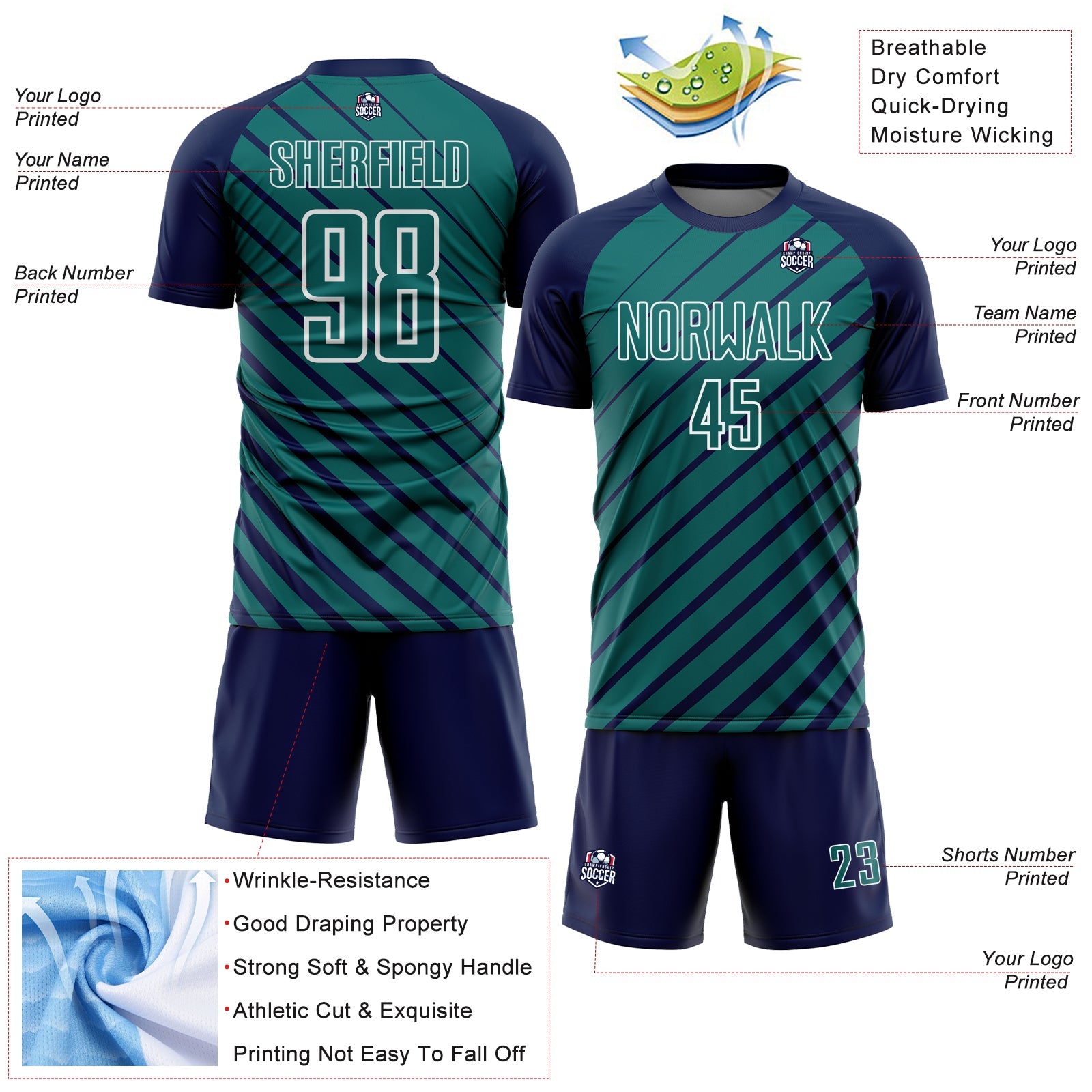 Custom Navy Teal-White Lines Sublimation Soccer Uniform Jersey view 4