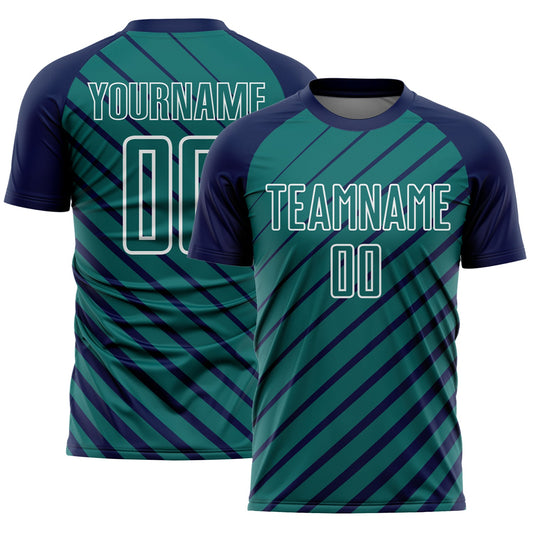Custom Navy Teal-White Lines Sublimation Soccer Uniform Jersey - Main View