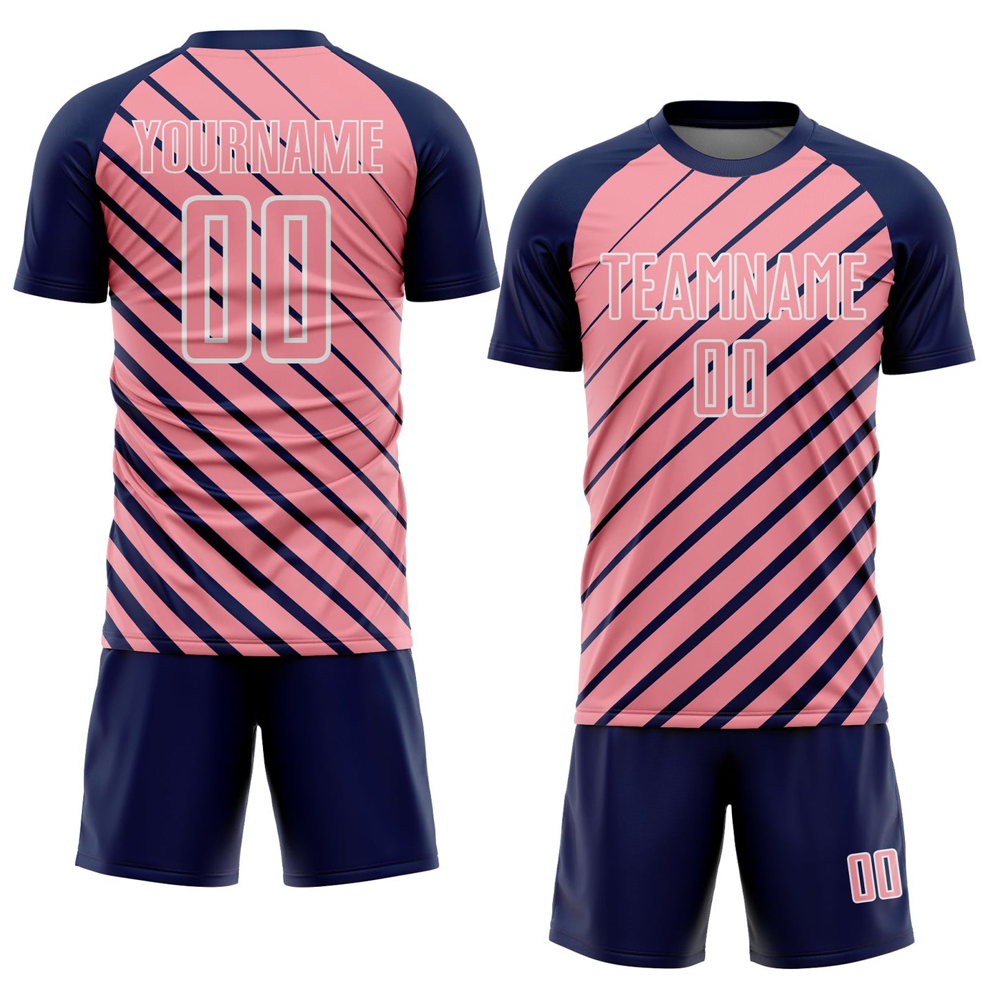 Custom Navy Medium Pink-White Lines Sublimation Soccer Uniform Jersey view 2