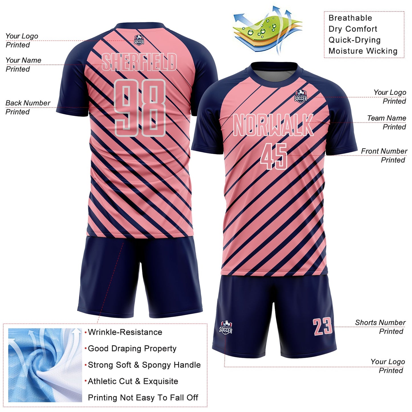 Custom Navy Medium Pink-White Lines Sublimation Soccer Uniform Jersey view 4