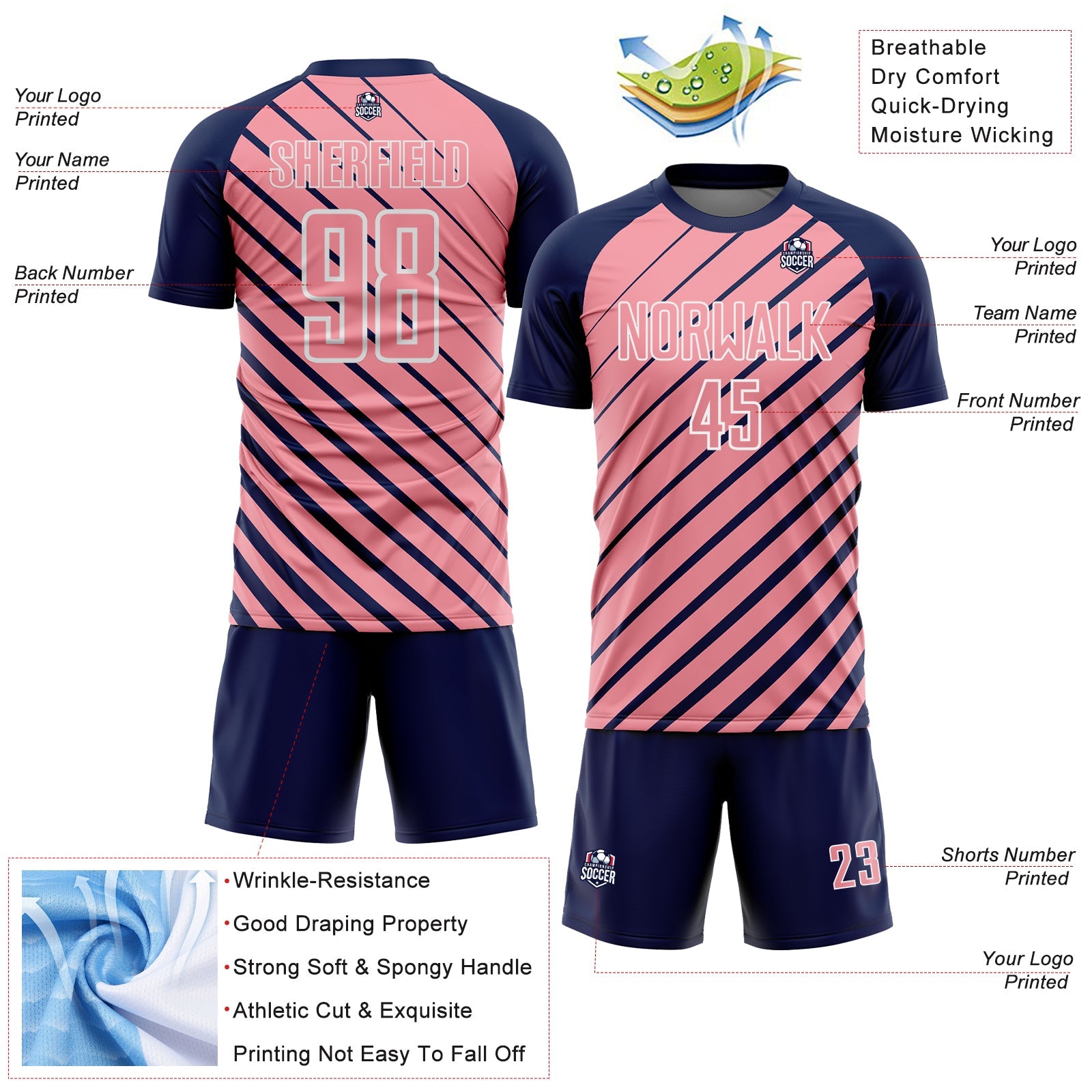 Custom Navy Medium Pink-White Lines Sublimation Soccer Uniform Jersey view 4