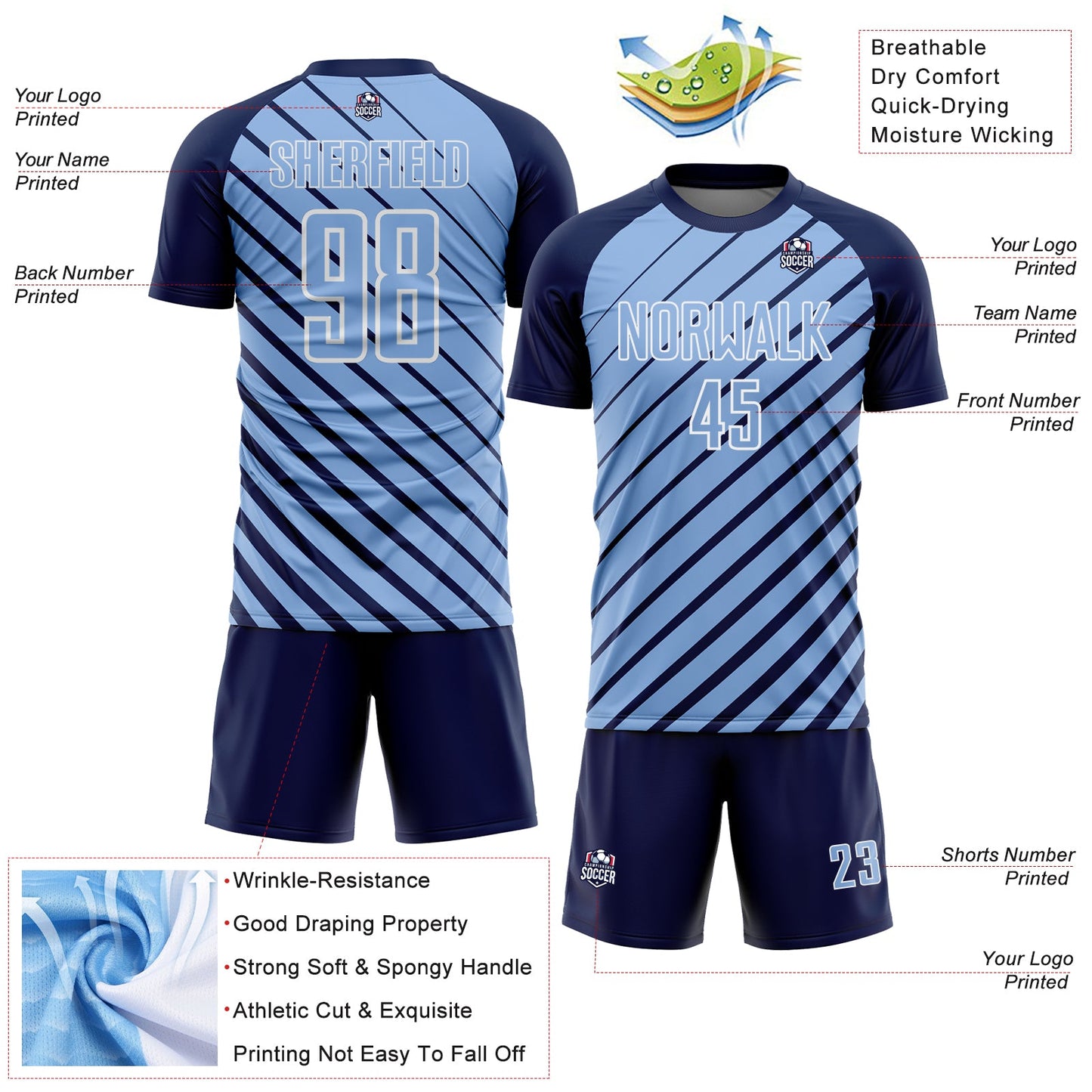 Custom Navy Light Blue-White Lines Sublimation Soccer Uniform Jersey view 4