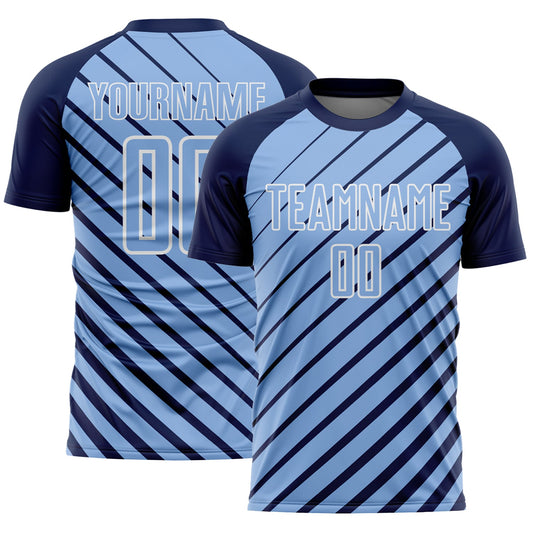 Custom Navy Light Blue-White Lines Sublimation Soccer Uniform Jersey - Main View
