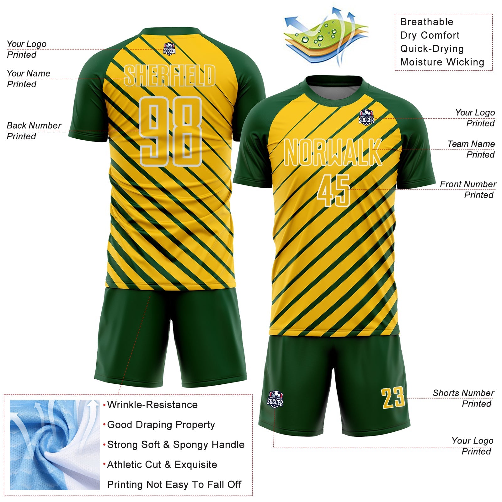 Custom Green Yellow-White Lines Sublimation Soccer Uniform Jersey view 4