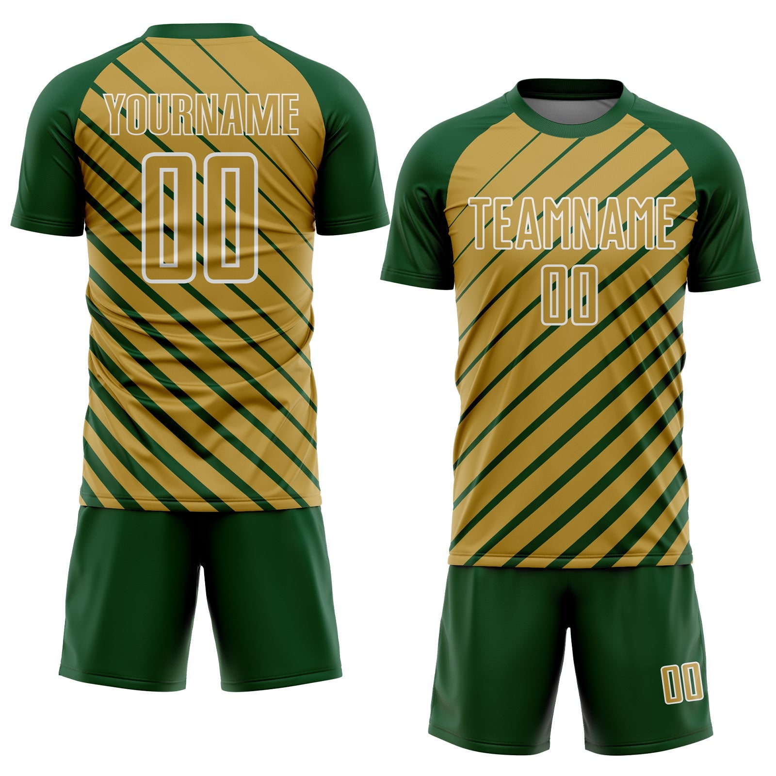 Custom Green Old Gold-White Lines Sublimation Soccer Uniform Jersey view 2