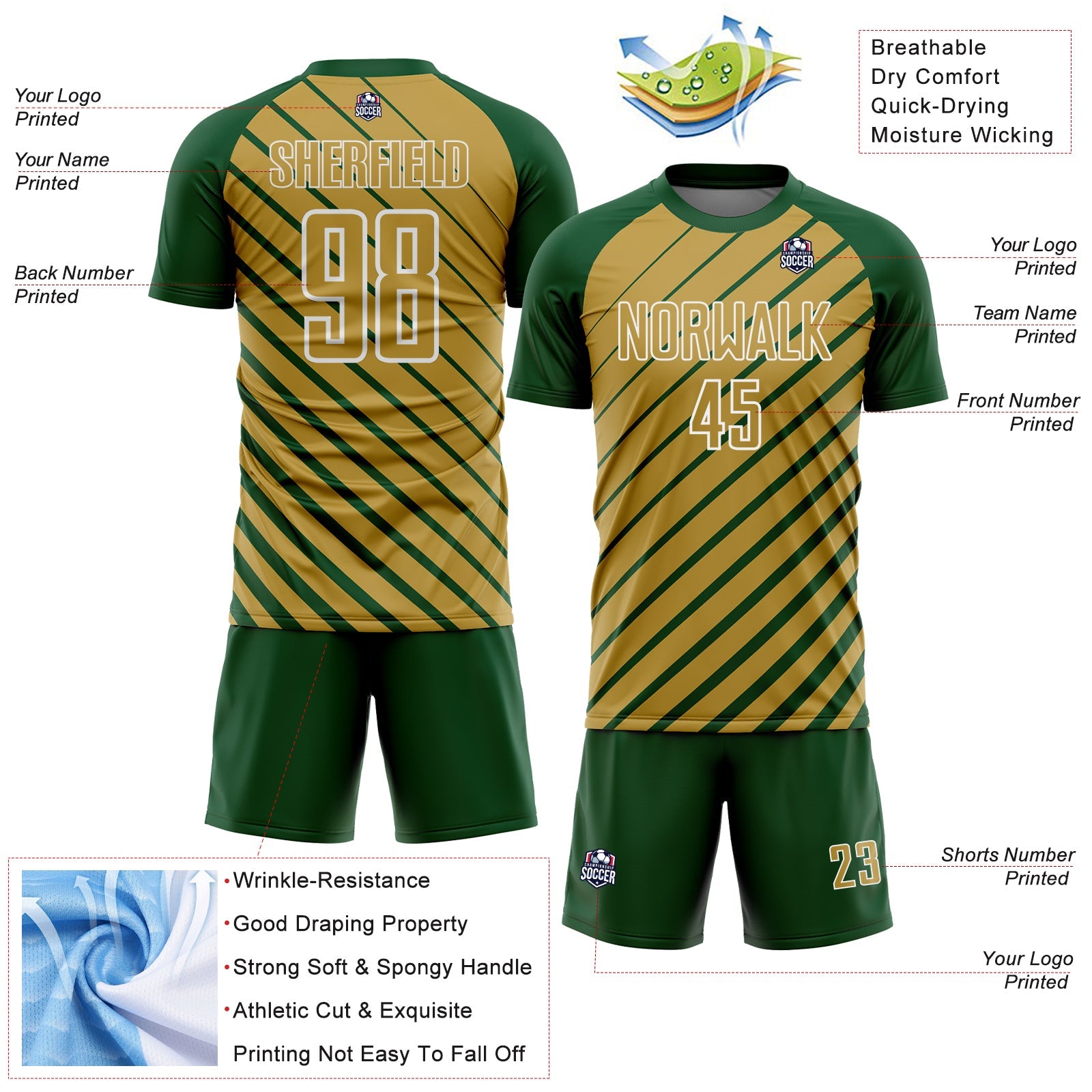Custom Green Old Gold-White Lines Sublimation Soccer Uniform Jersey view 4