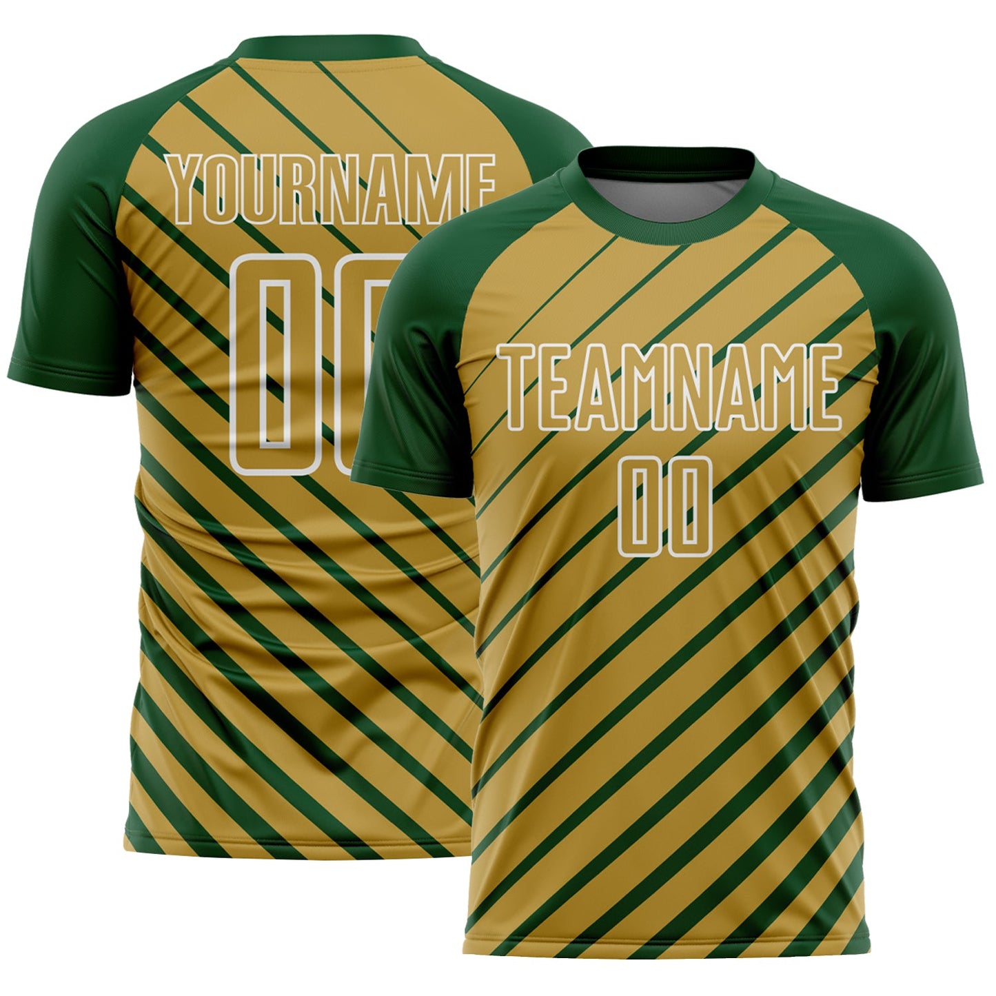 Custom Green Old Gold-White Lines Sublimation Soccer Uniform Jersey - Main View