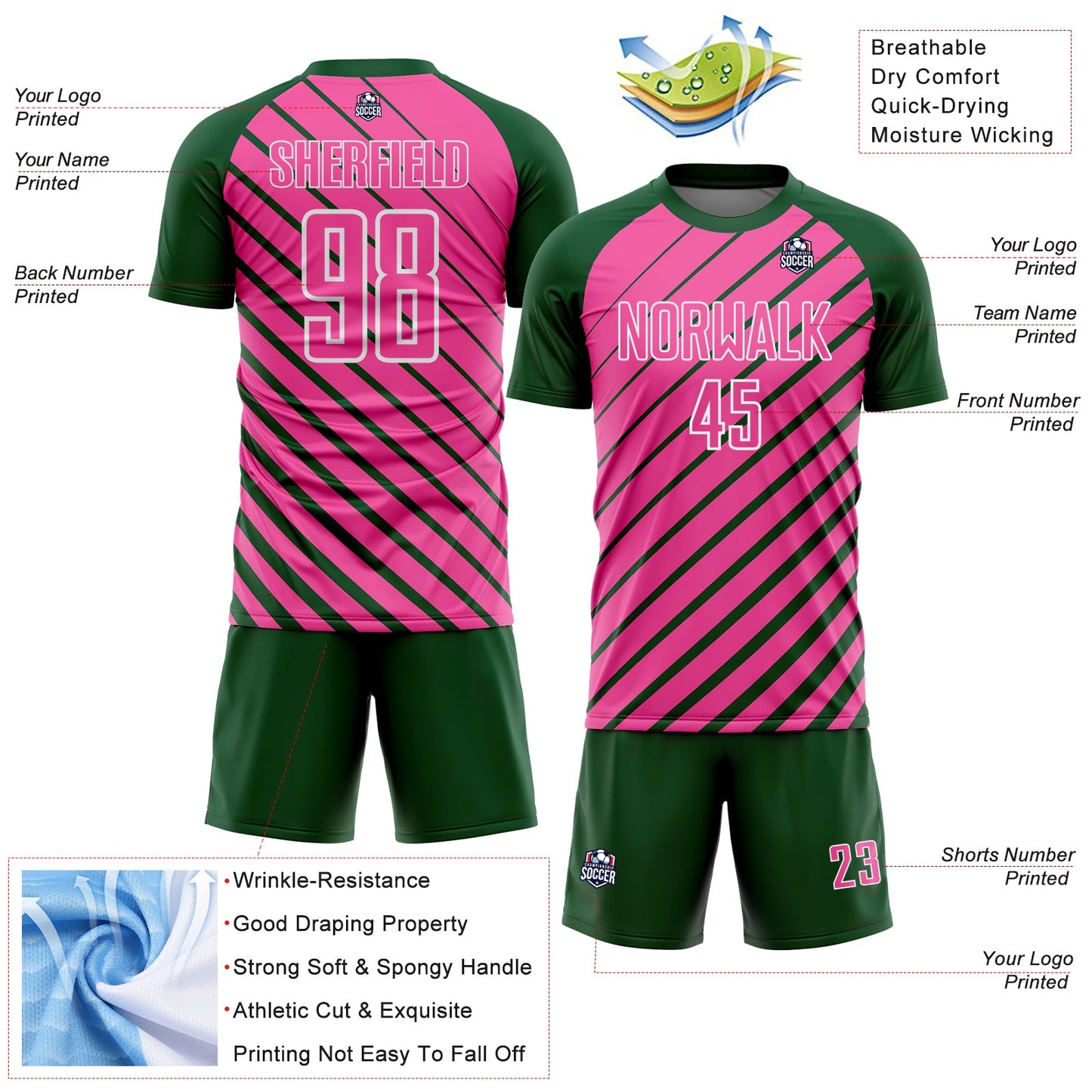 Custom Green Pink-White Lines Sublimation Soccer Uniform Jersey view 4