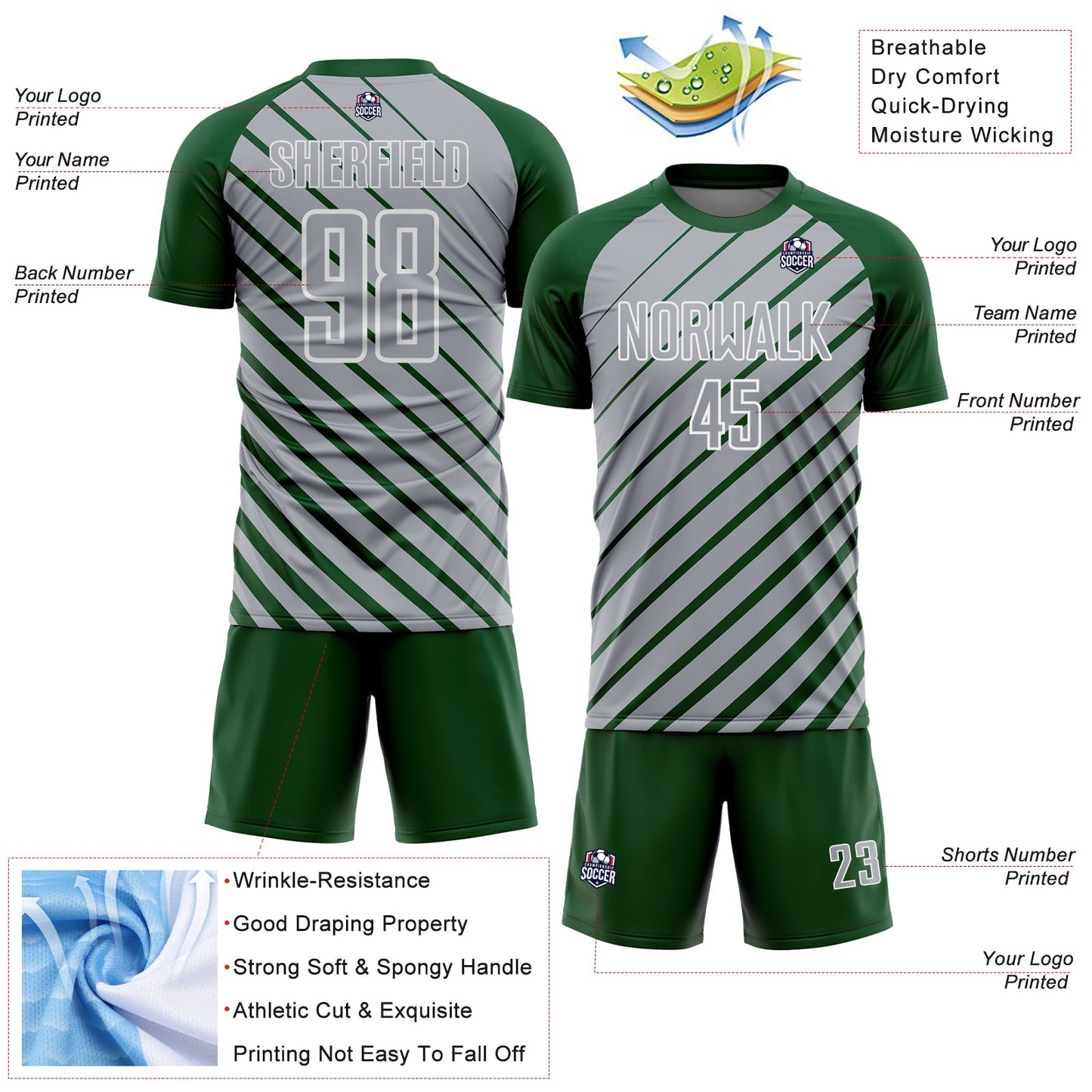 Custom Green Gray-White Lines Sublimation Soccer Uniform Jersey view 4