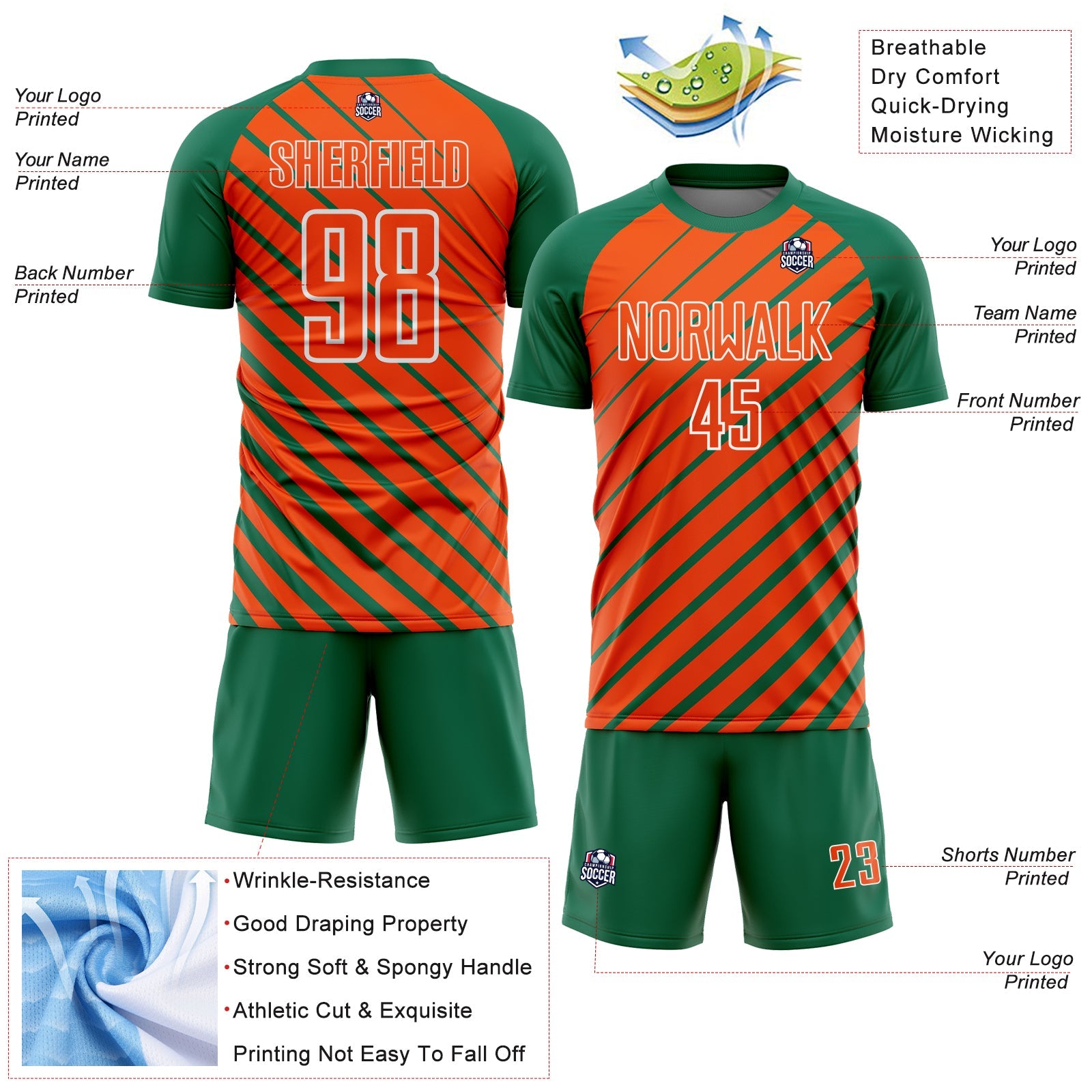 Custom Kelly Green Orange-White Lines Sublimation Soccer Uniform Jersey view 4