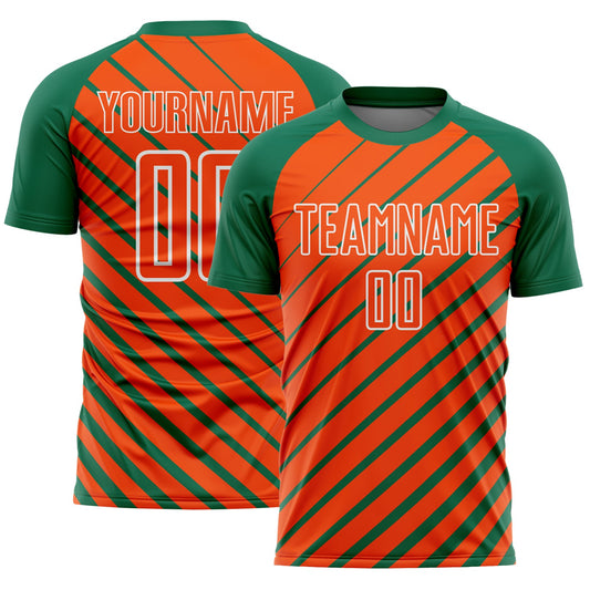 Custom Kelly Green Orange-White Lines Sublimation Soccer Uniform Jersey - Main View