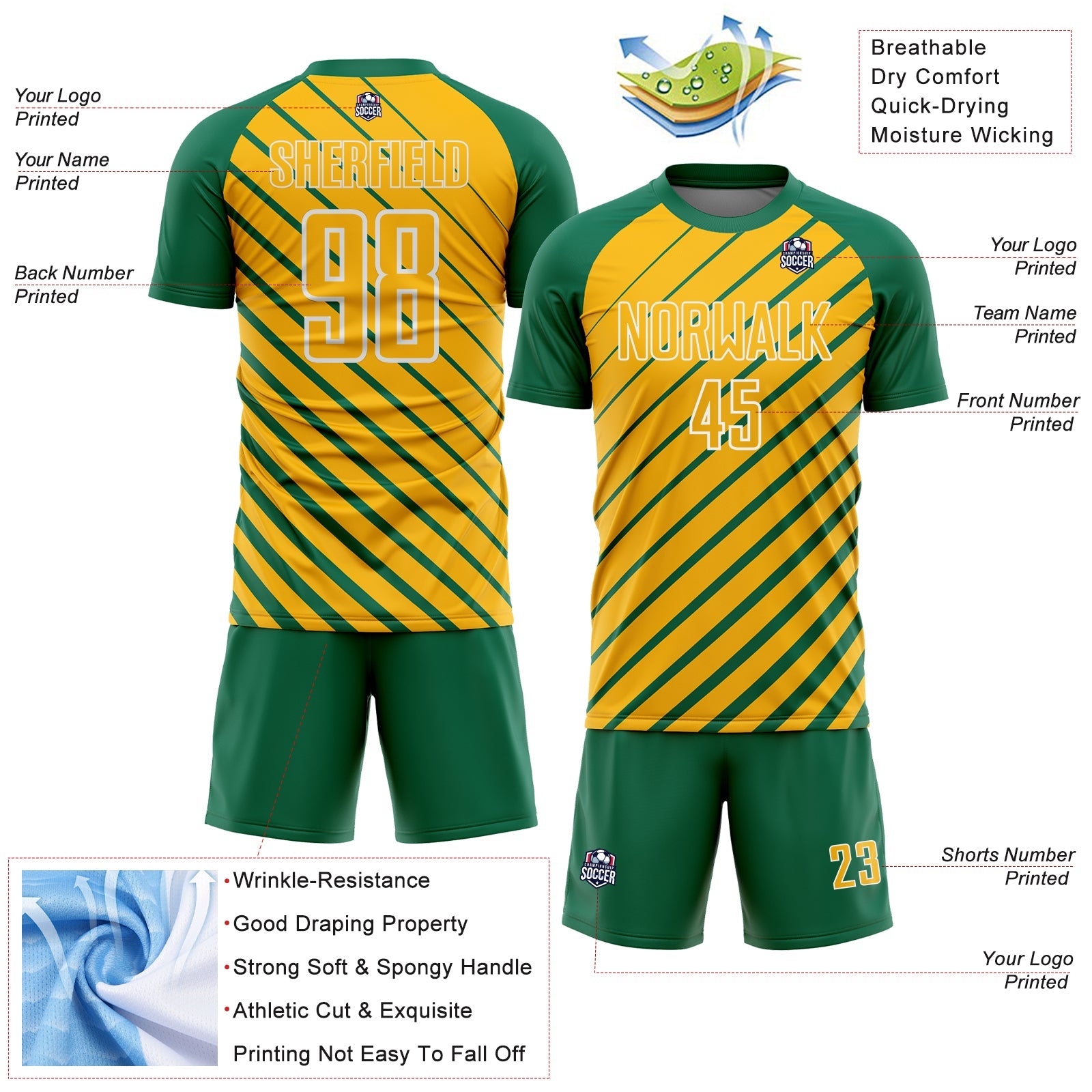 Custom Kelly Green Gold-White Lines Sublimation Soccer Uniform Jersey view 4