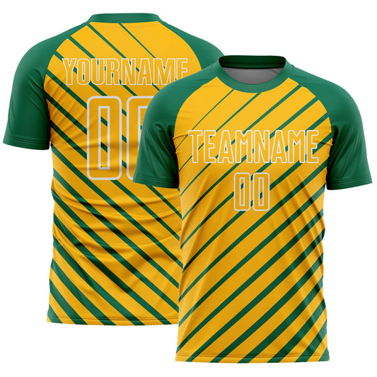 Custom Kelly Green Gold-White Lines Sublimation Soccer Uniform Jersey - Main View