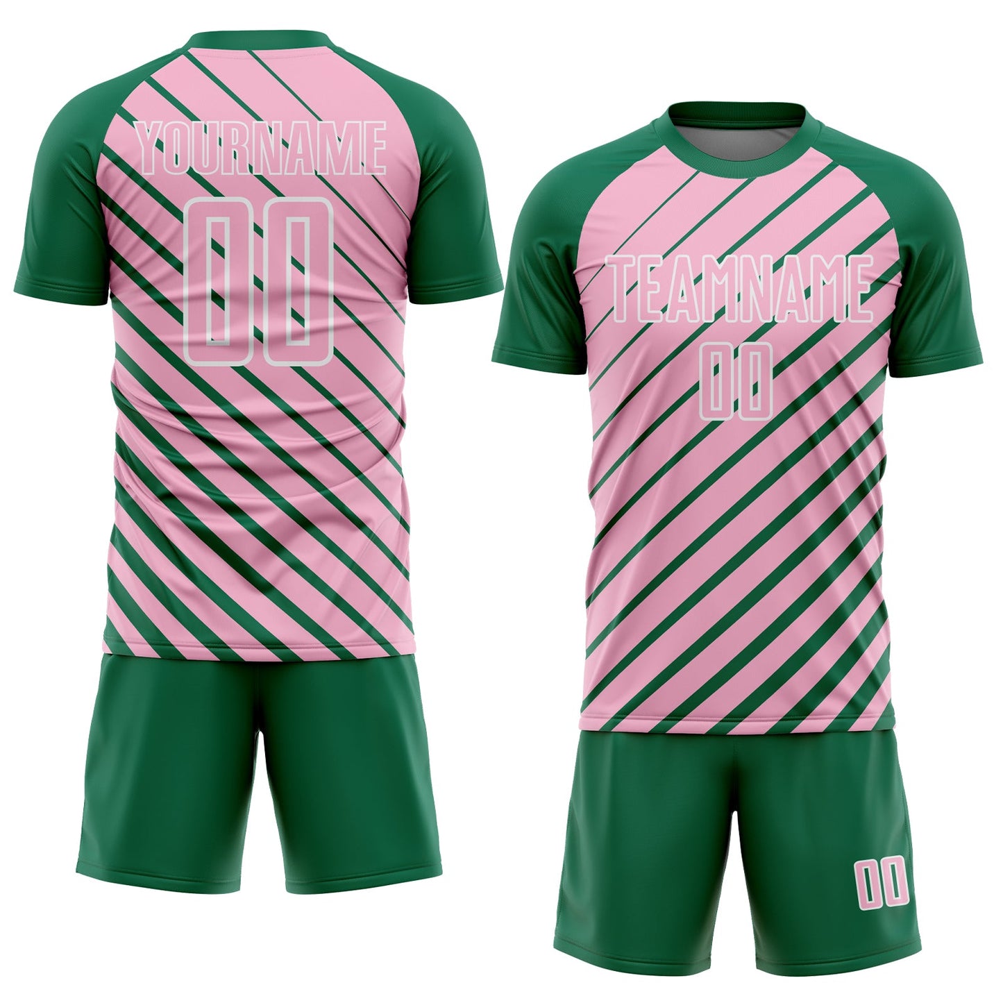 Custom Kelly Green Light Pink-White Lines Sublimation Soccer Uniform Jersey view 2