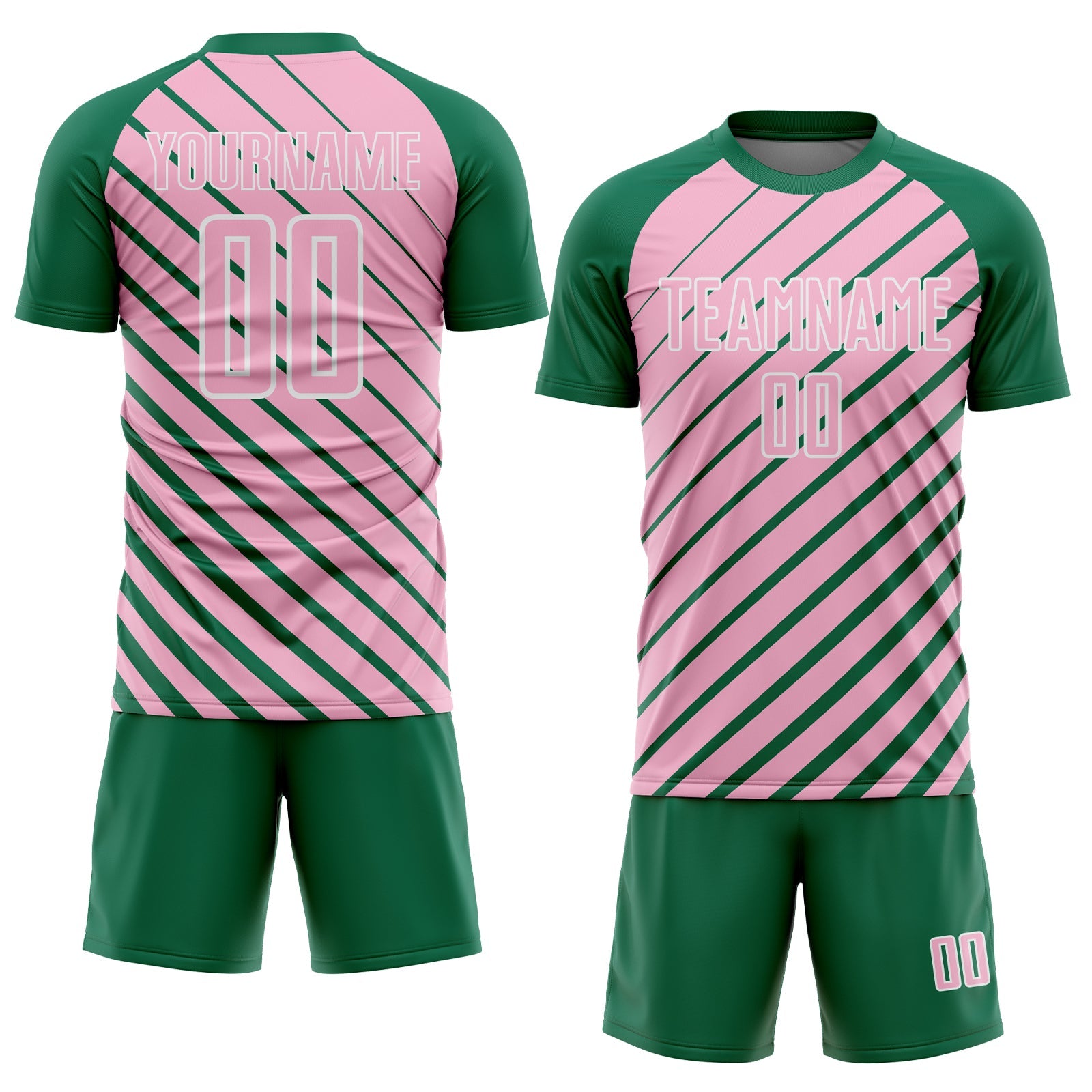 Custom Kelly Green Light Pink-White Lines Sublimation Soccer Uniform Jersey view 2