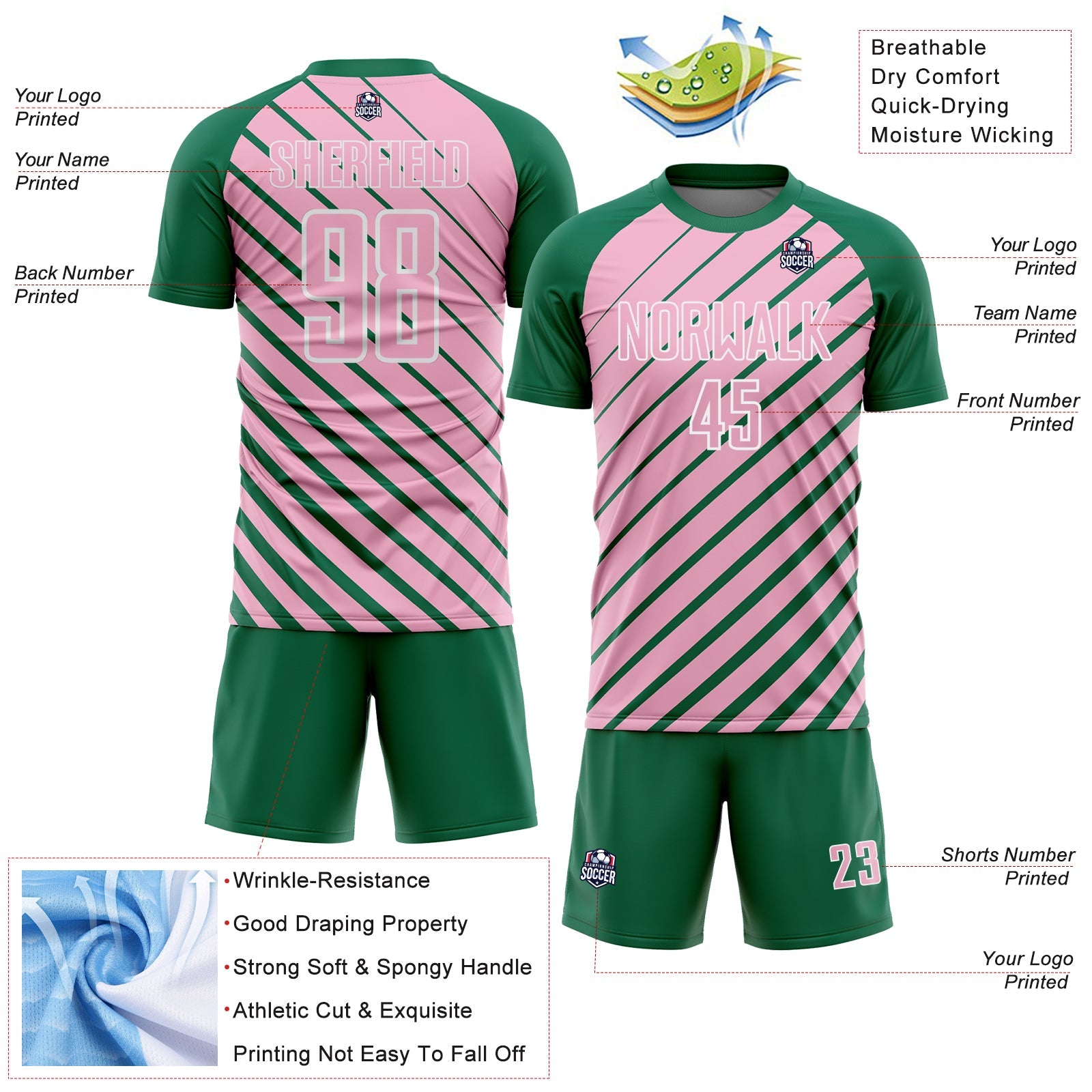 Custom Kelly Green Light Pink-White Lines Sublimation Soccer Uniform Jersey view 4