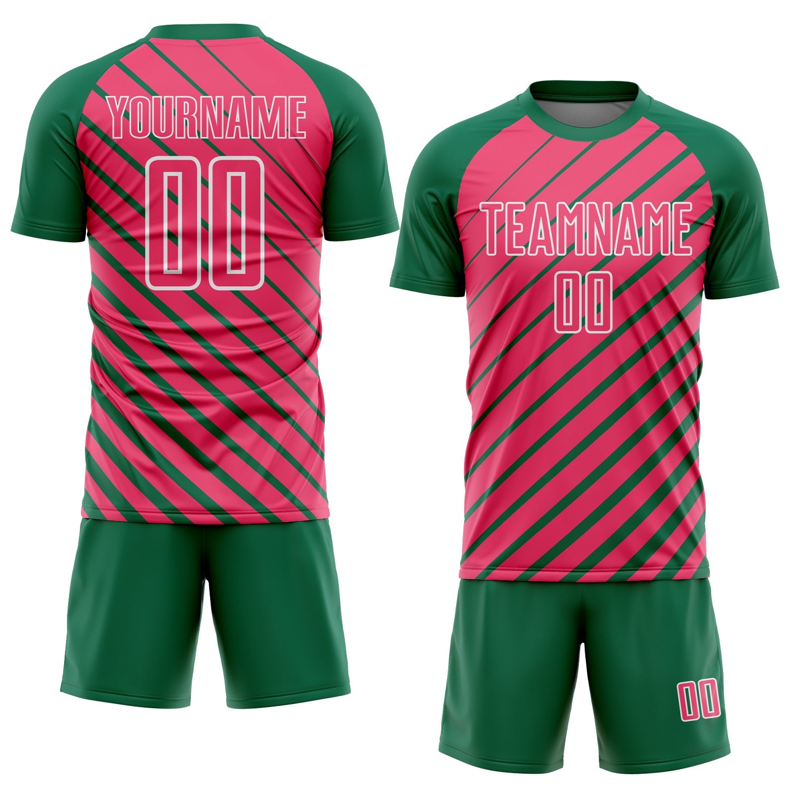 Custom Kelly Green Neon Pink-White Lines Sublimation Soccer Uniform Jersey view 2